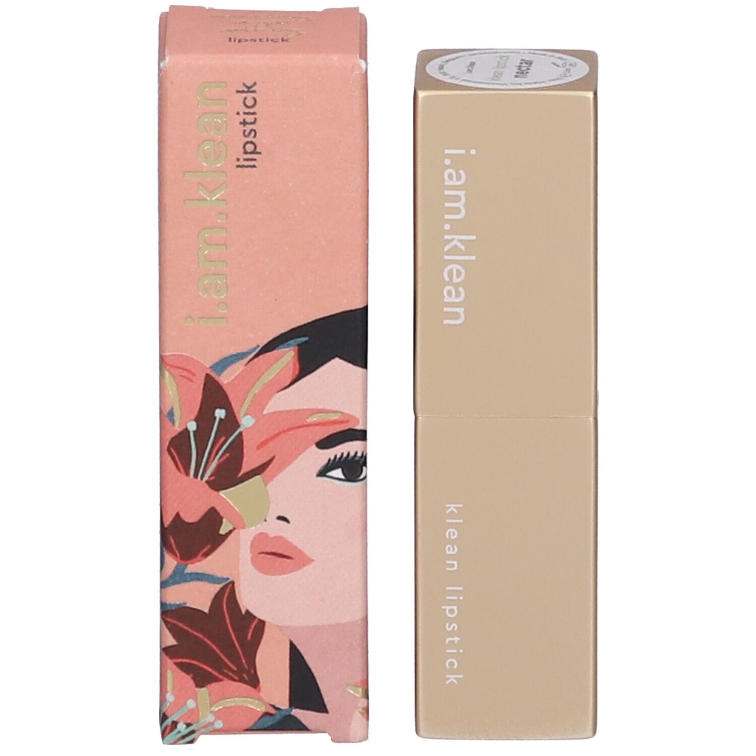 Lippenstift und Verpackung von i.am.klean. Verpackung mit floralem Design und Aufschrift. Lippenstift goldfarben.