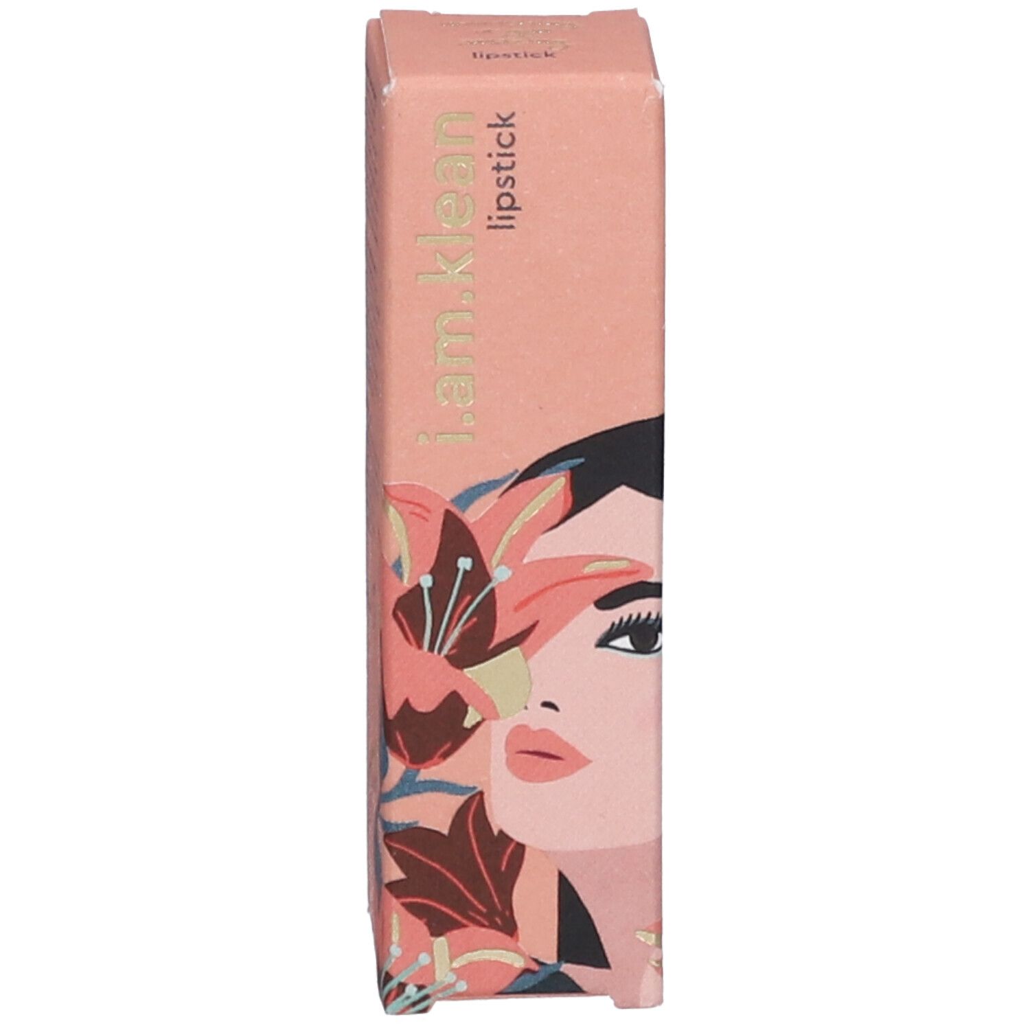Verpackung für Lippenstift von i.am.klean. Florales Design mit Gesicht. Aufschrift: i.am.klean lipstick.