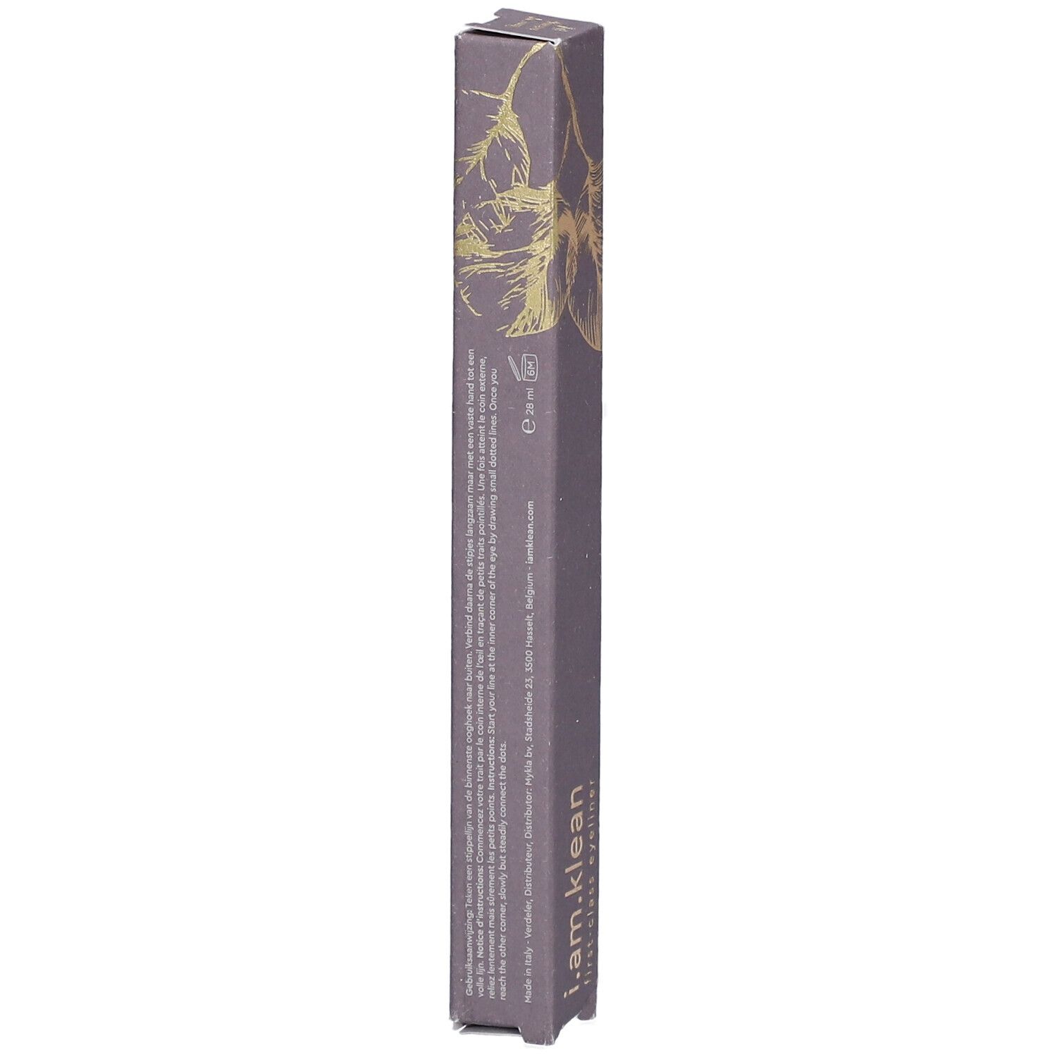 Längliche Verpackung für Eyeliner. Aufschrift: i.am.klean, first-class eyeliner. Text auf der Seite. Lila-graue Verpackung mit goldenem Muster.
