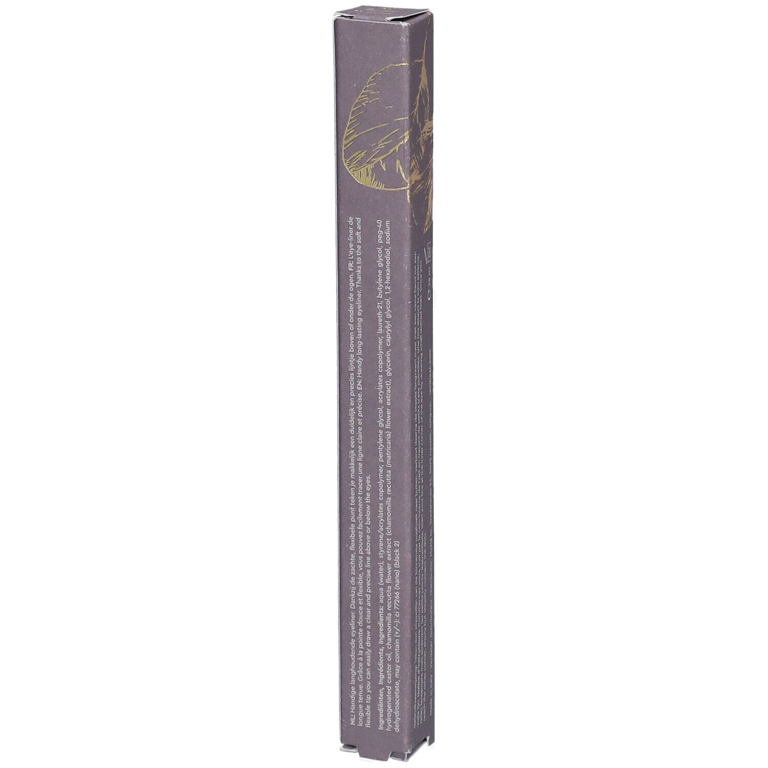 Längliche Verpackung für Eyeliner. Aufschrift: i.am.klean, first-class eyeliner. Text auf der Seite. Lila-graue Verpackung mit goldenem Muster.