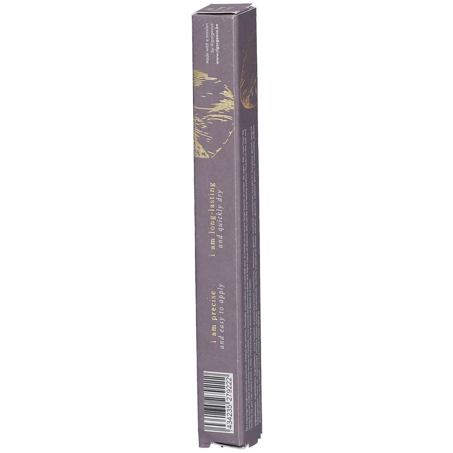 Eyeliner-Verpackung mit Text: i am precise and easy to apply, i am long-lasting and quickly dry. Lila-graue Verpackung mit goldenem Muster.