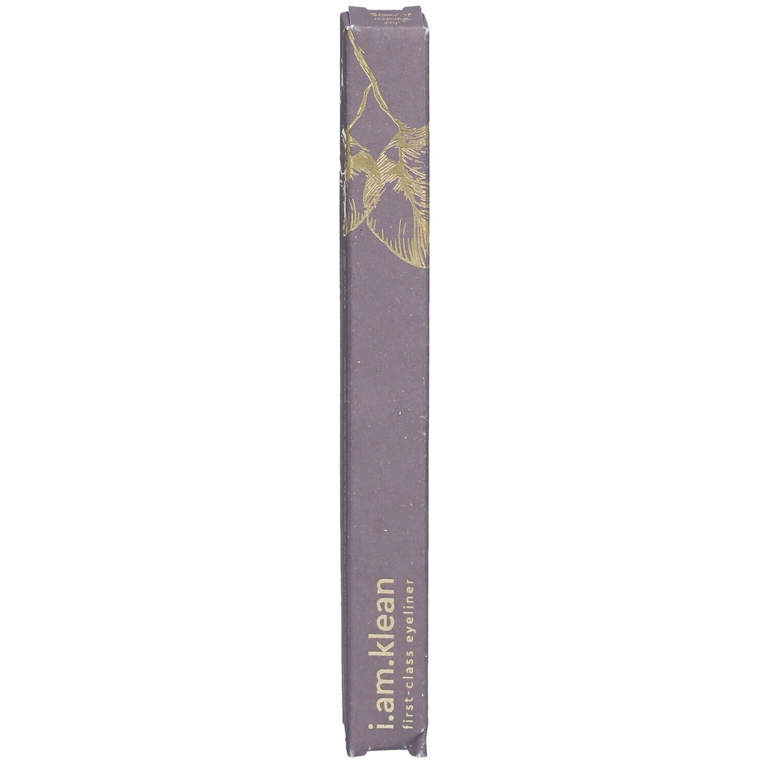 Schwarzer Eyeliner in länglicher Verpackung. Aufschrift: i.am.klean, first-class eyeliner. Lila-graue Verpackung mit goldenem Muster.