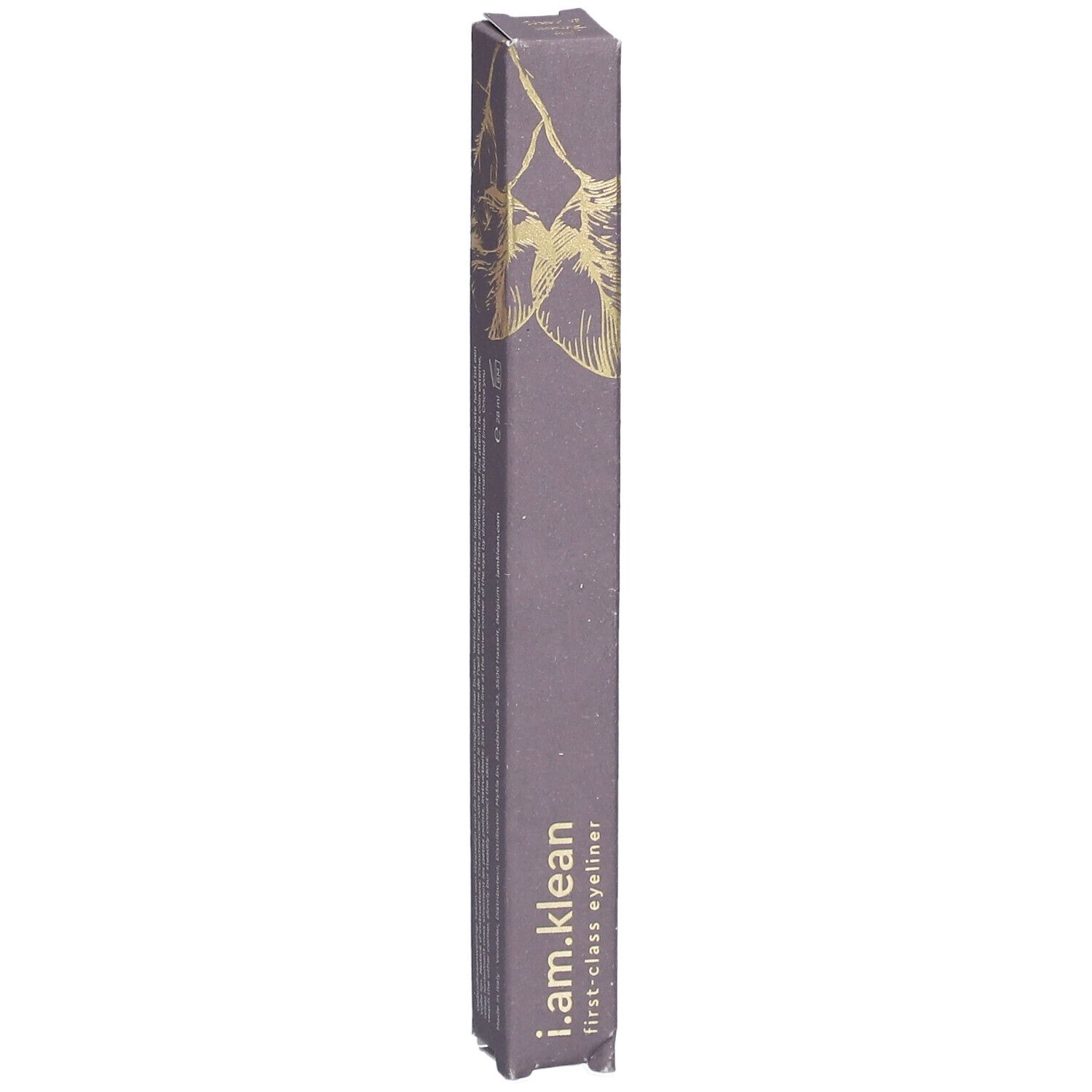 Schwarzer Eyeliner in länglicher Verpackung. Aufschrift: i.am.klean, first-class eyeliner. Lila-graue Verpackung mit goldenem Muster.