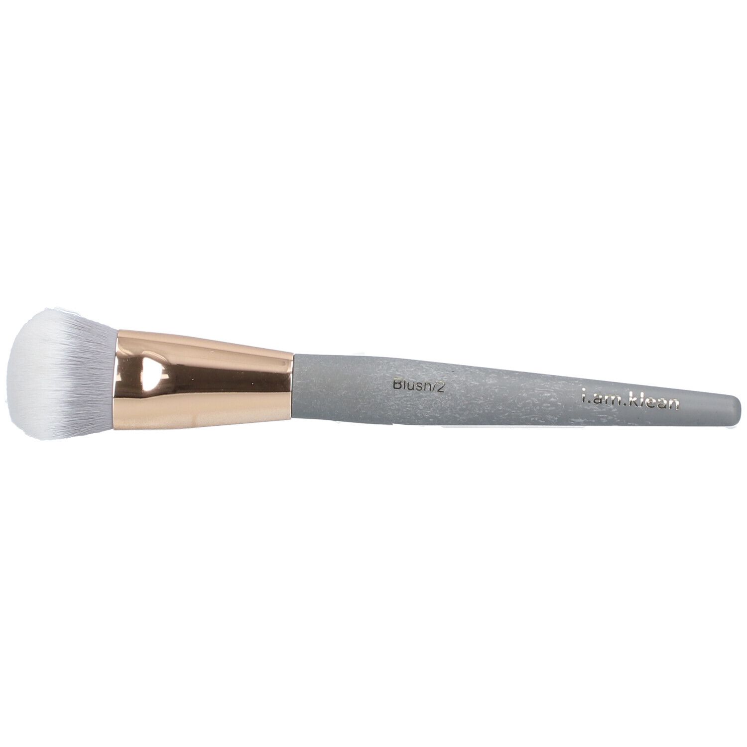 Blushkwast met grijze steel, gouden ferrule en witte borstelkop. Op de steel staat "Blush/2" en "i.am.klean".
