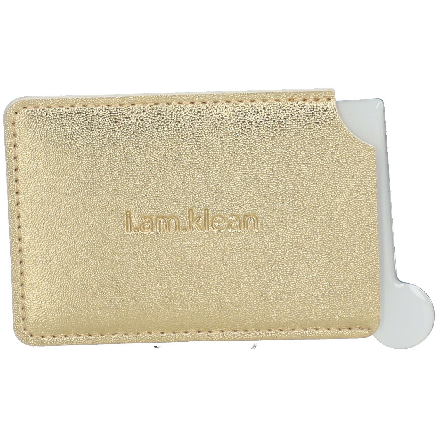 Gouden etui met reliëf "i.am.klean" en witte handgreep. Rechthoekige vorm met afgeronde hoeken.