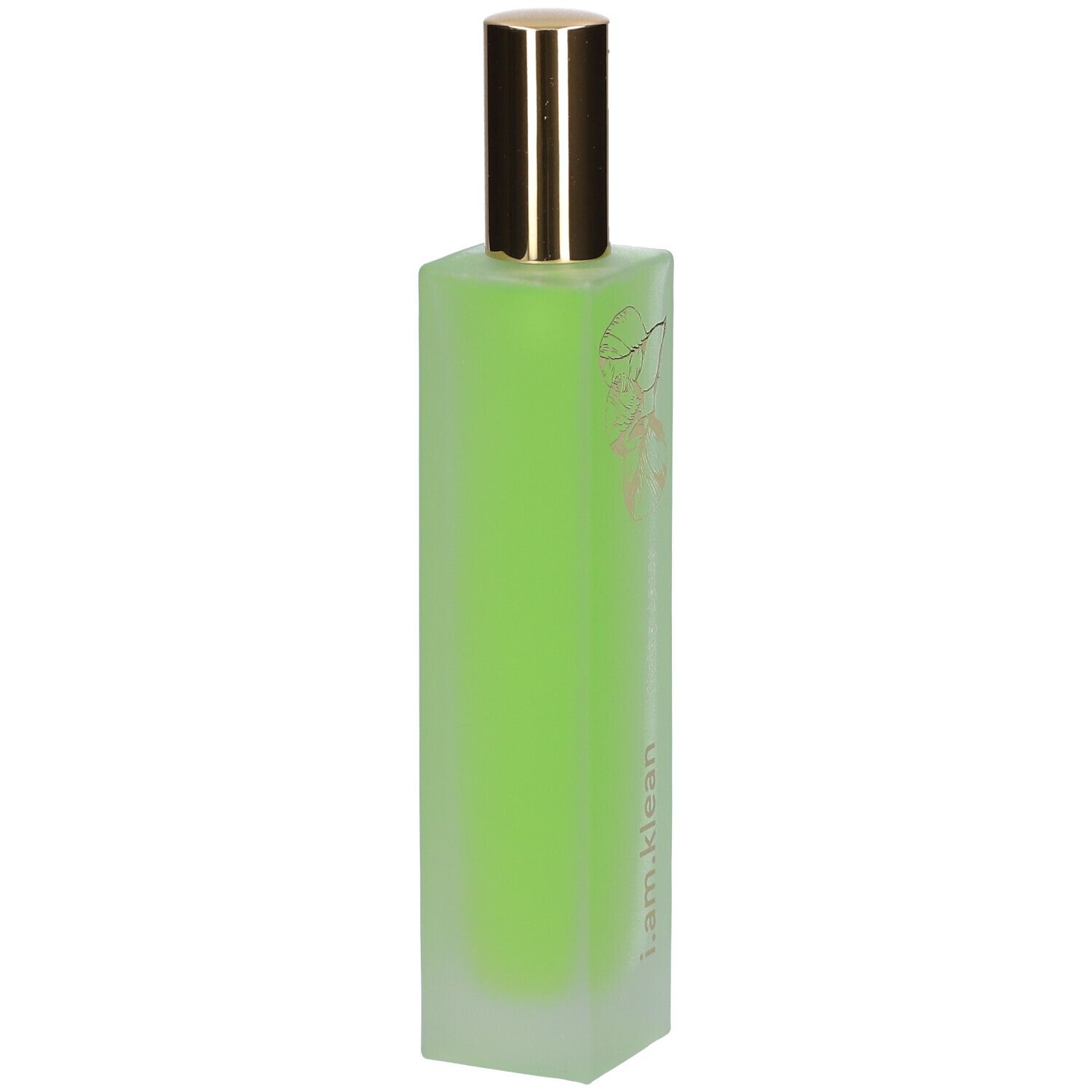 Groene, rechthoekige fles met gouden sproeikop. Opschrift: i.am.klean.