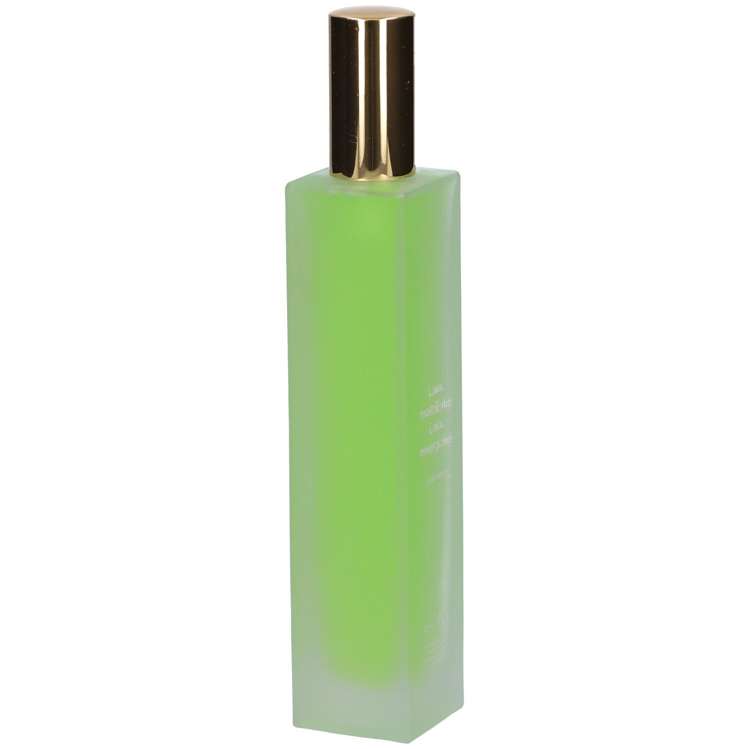 Groene, rechthoekige fles met gouden sproeikop. Geen verdere opschriften.