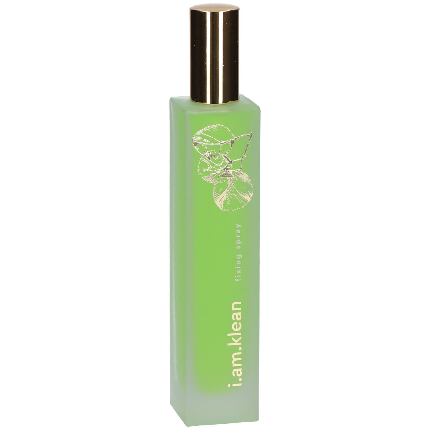 Groene, rechthoekige fles met gouden sproeikop. Opschrift: i.am.klean, fixing spray.