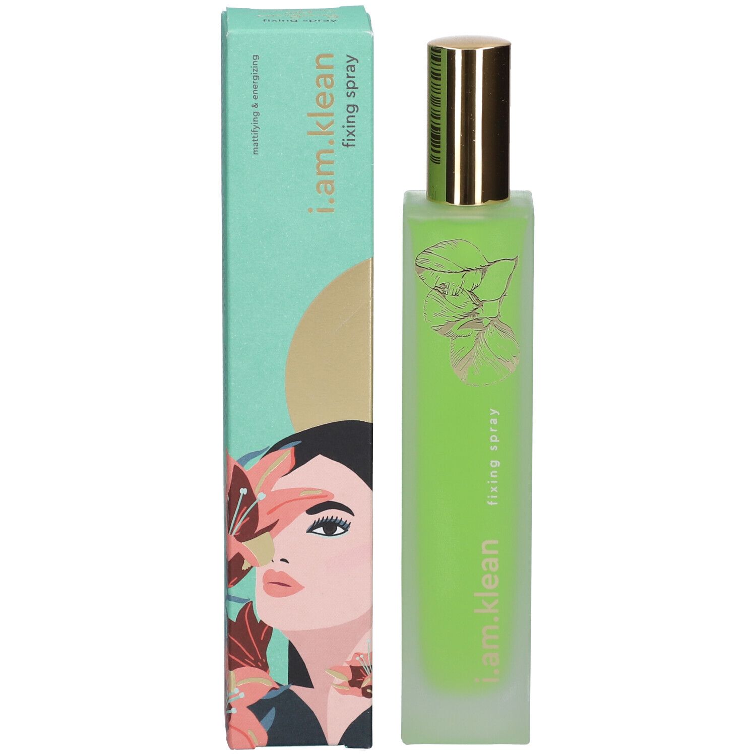 Groene fles en verpakking. Opschrift: i.am.klean, fixing spray. Afbeelding van een vrouw.