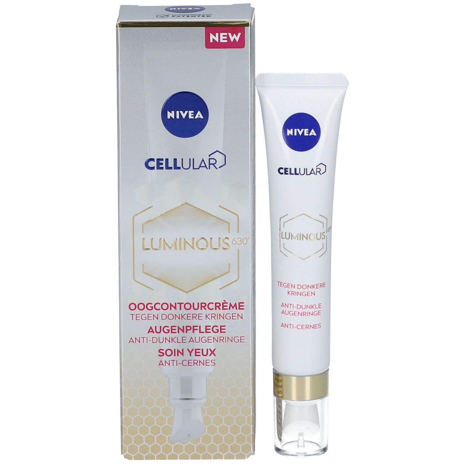 Produktverpackung mit Tube. Weißer Karton mit NIVEA-Logo und CELLULAR LUMINOUS630®. Text: Augenkonturcreme, Anti-Augenringe, Augenpflege.