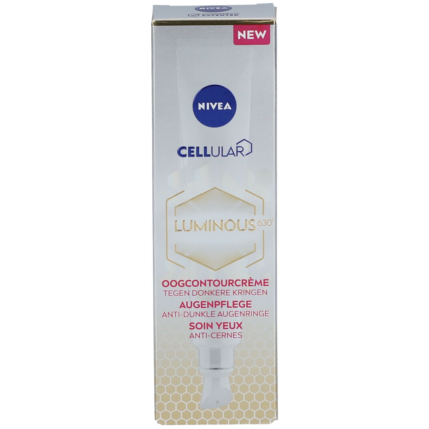 Produktverpackung. Weißer Karton mit NIVEA-Logo und CELLULAR LUMINOUS630®. Text: Augenkonturcreme, Anti-Augenringe, Augenpflege.
