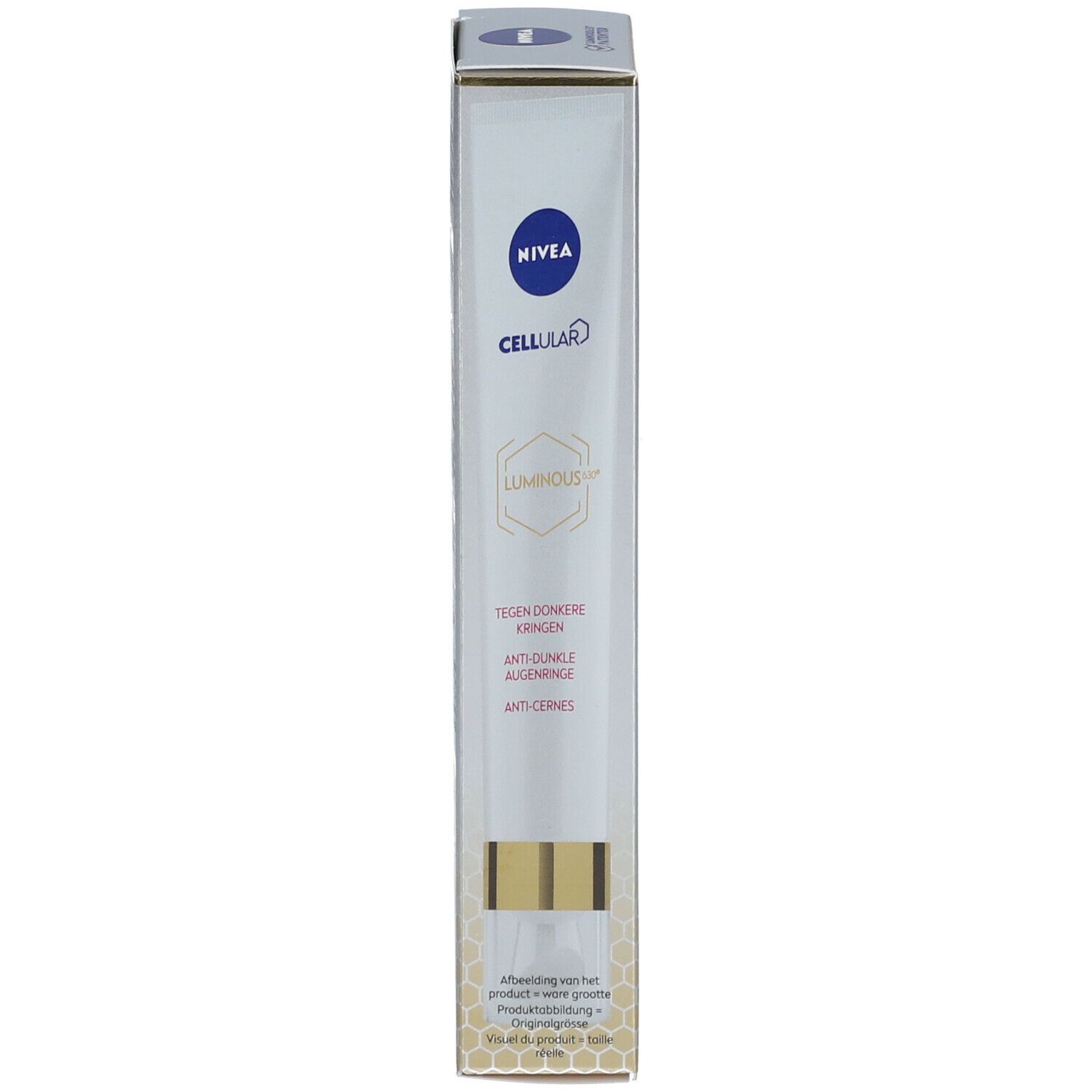Produktverpackung. Weißer Karton mit NIVEA-Logo und CELLULAR LUMINOUS630®. Text: Gegen dunkle Augenringe, Anti-Augenringe, Anti-Cernes.