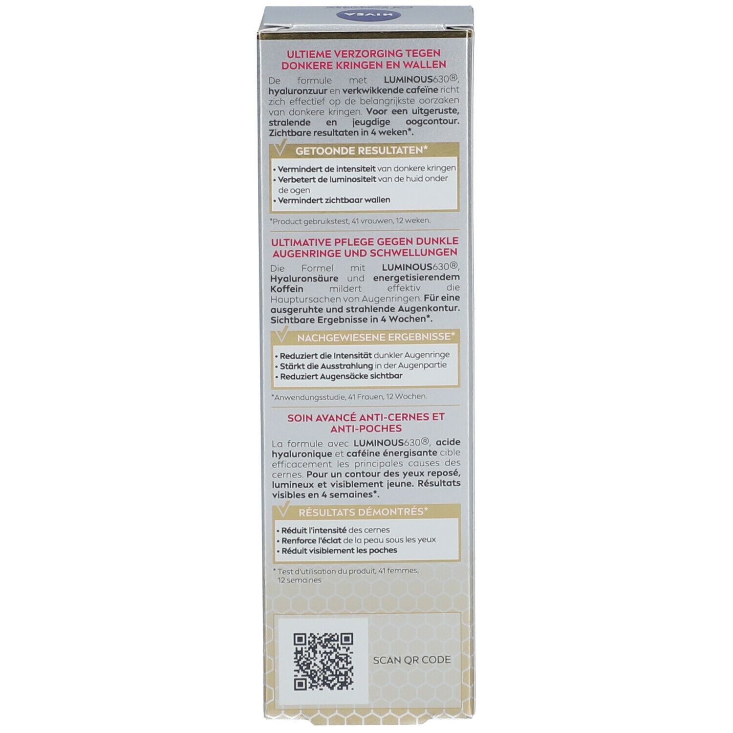 Rückseite der Produktverpackung. Text in mehreren Sprachen. QR-Code. Informationen zu Inhaltsstoffen und Hersteller.