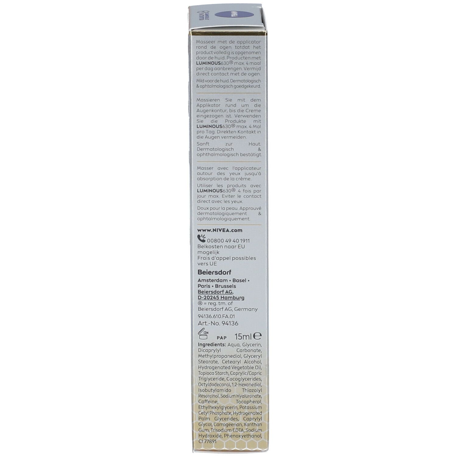 Seite der Produktverpackung. Text in mehreren Sprachen. Informationen zu Hersteller, Inhaltsstoffen und Kontakt.