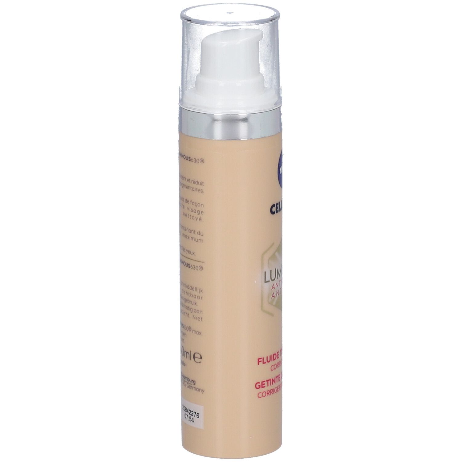 Beige Flasche mit Pumpe. Aufschrift: NIVEA CELLULAR LUMINOUS630 Anti-Taches Anti-Spot. Text auf der Rückseite.