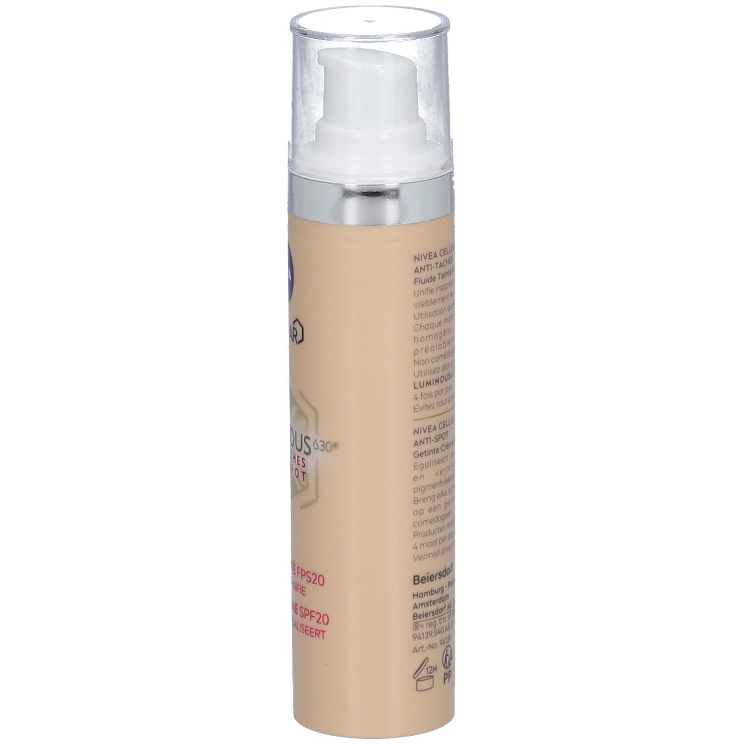 Beige Flasche mit Pumpe. Aufschrift: NIVEA CELLULAR LUMINOUS630 Anti-Taches Anti-Spot. Getöntes Fluid FPS20.