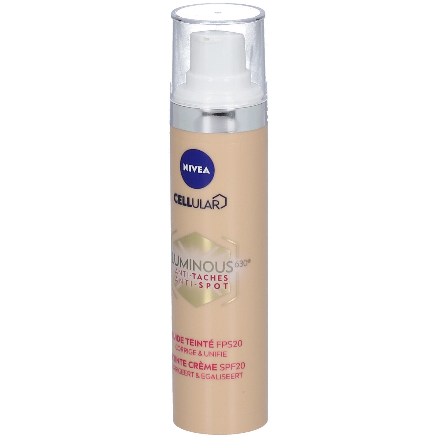 Beige Flasche mit Pumpe. Aufschrift: NIVEA CELLULAR LUMINOUS630 Anti-Taches Anti-Spot. Getöntes Fluid FPS20.