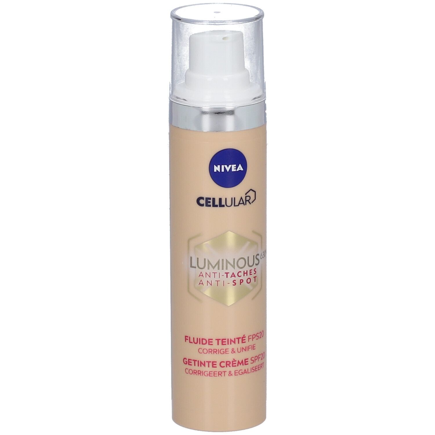 Beige Flasche mit Pumpe. Aufschrift: NIVEA CELLULAR LUMINOUS630 Anti-Taches Anti-Spot. Getöntes Fluid FPS20.