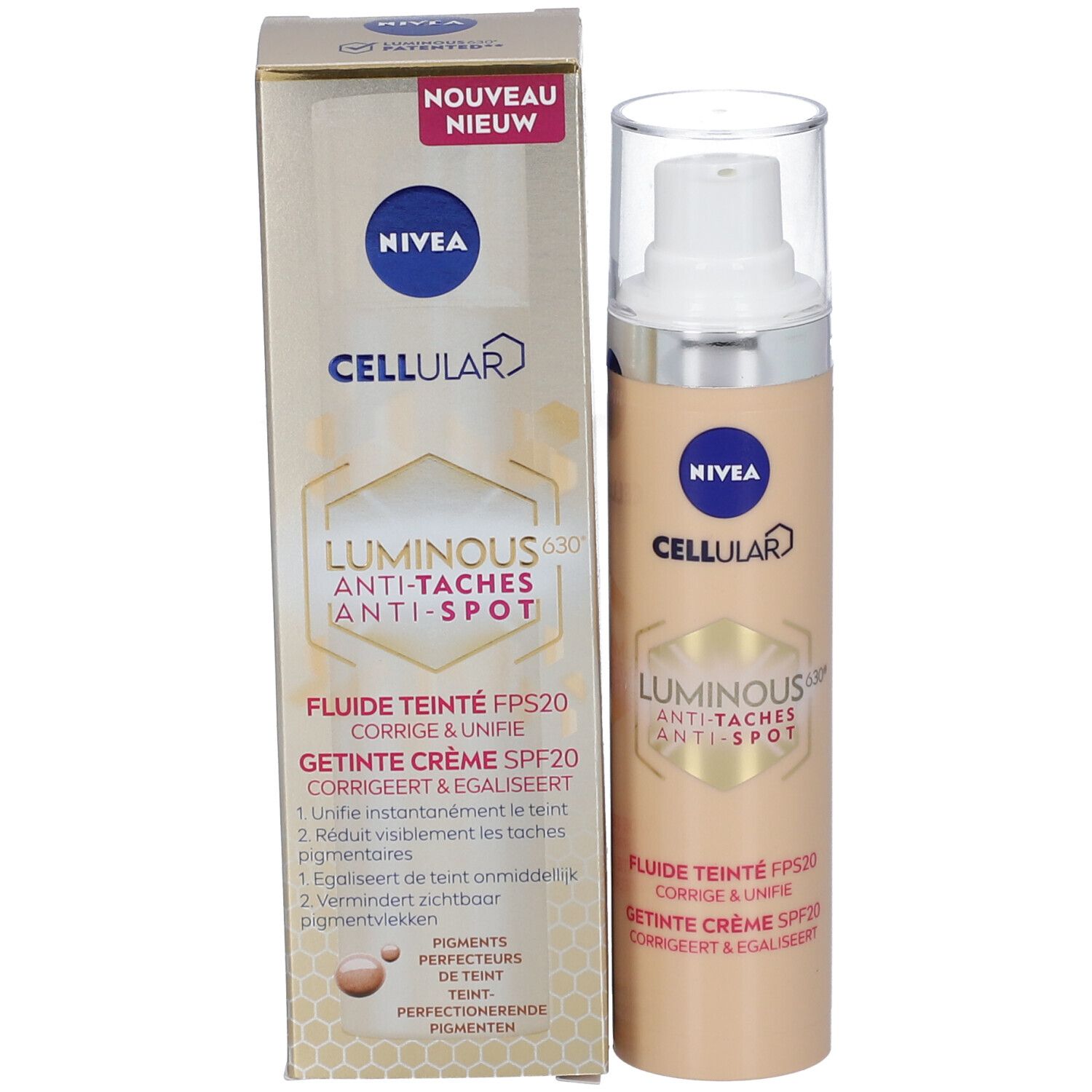 Produkt mit Verpackung. NIVEA CELLULAR LUMINOUS630 Anti-Taches Anti-Spot. Getöntes Fluid FPS20. Neu.