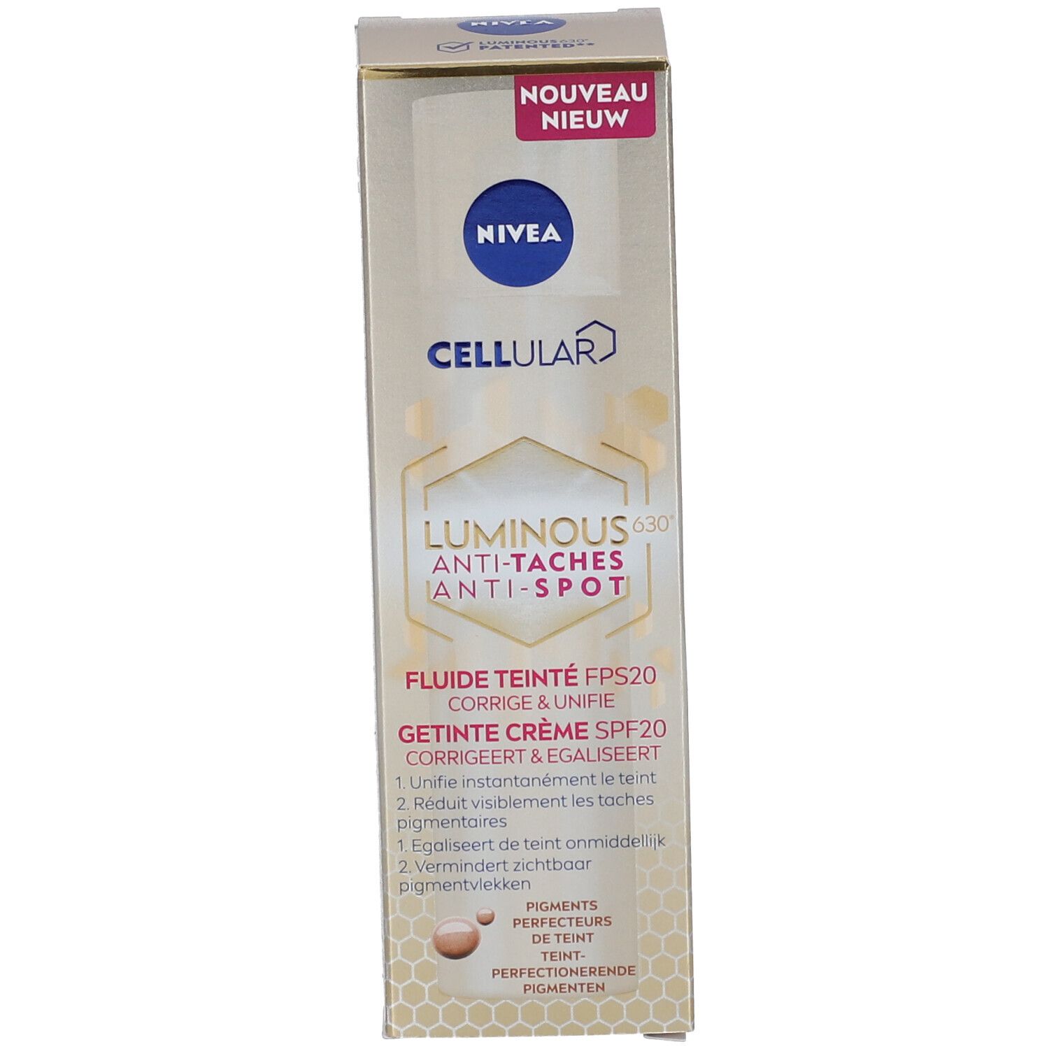 Produkt mit Verpackung. NIVEA CELLULAR LUMINOUS630 Anti-Taches Anti-Spot. Getöntes Fluid FPS20. Neu.