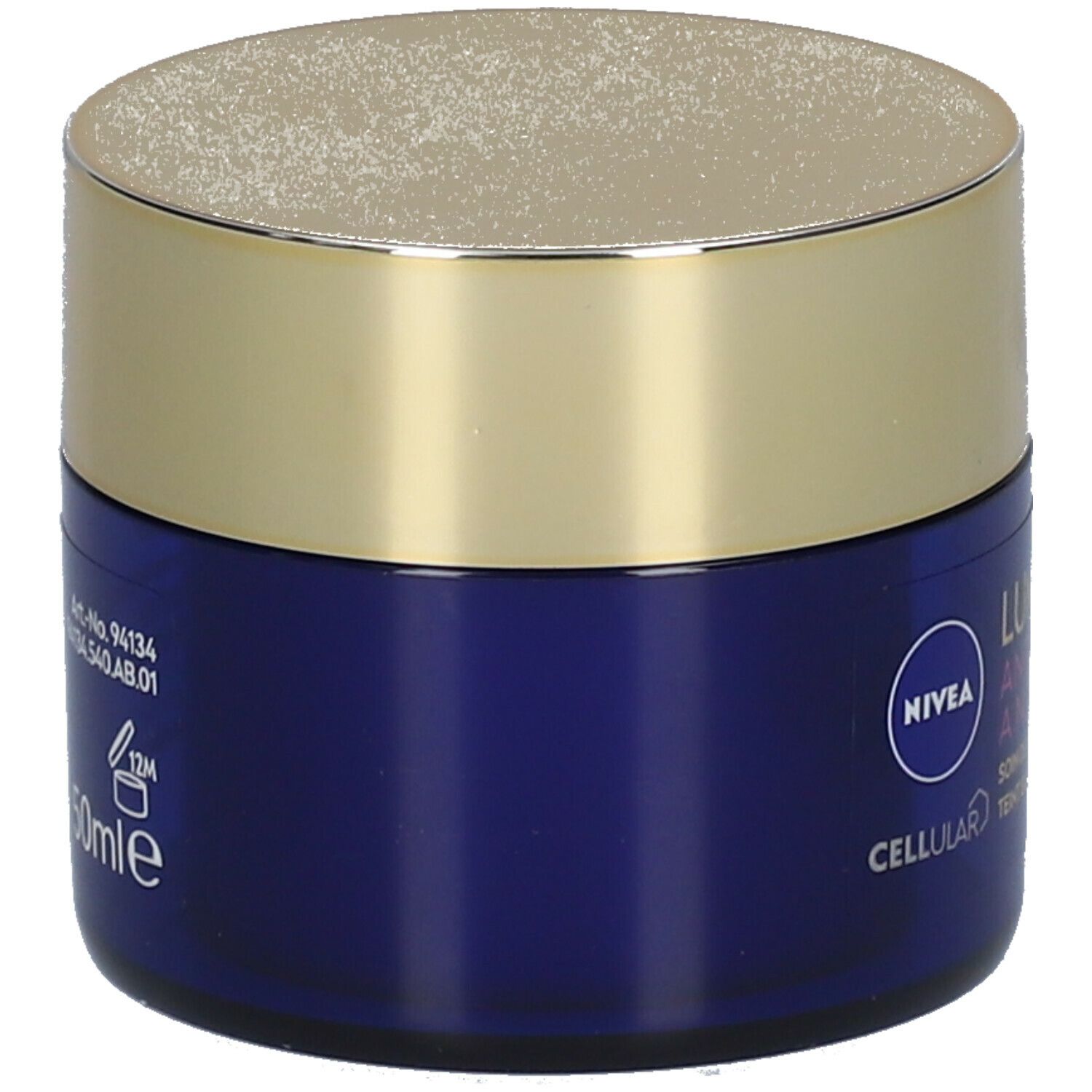 Blaues Tiegel mit goldenem Deckel. Aufschrift: NIVEA CELLULAR. 50ml. 12M.
