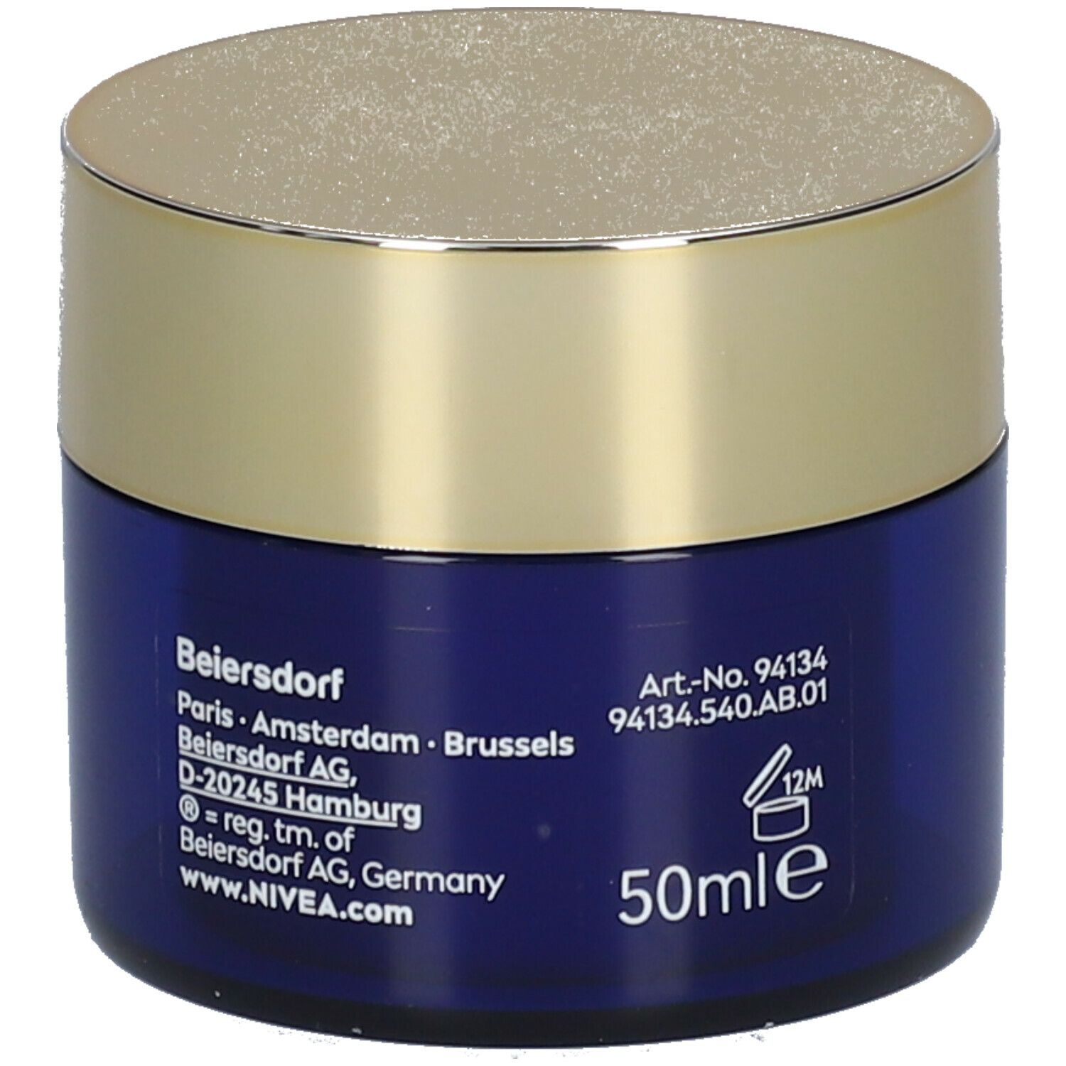 Blaues Tiegel mit goldenem Deckel. Aufschrift: Beiersdorf. 50ml. 12M.