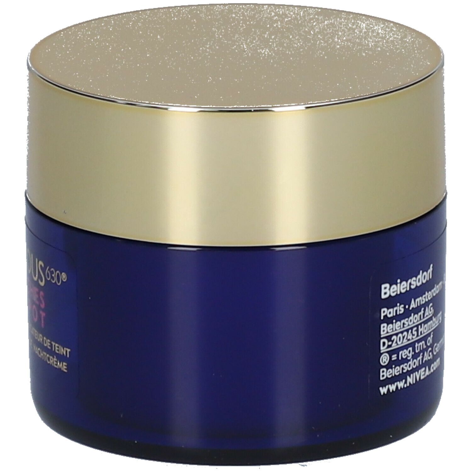 Blaues Tiegel mit goldenem Deckel. Aufschrift: NIVEA CELLULAR LUMINOUS 630 Anti-Taches Anti-Spot.