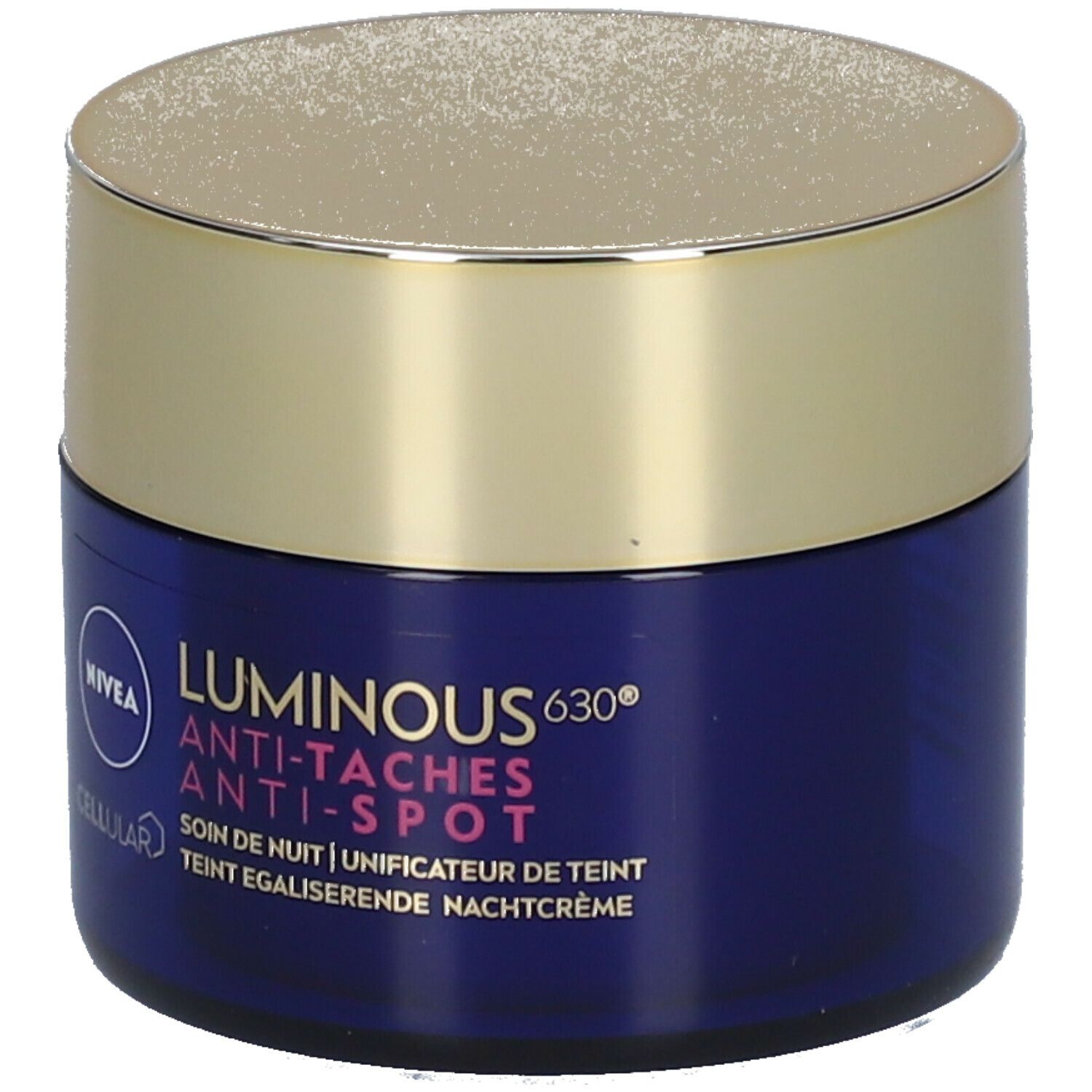 Blaues Tiegel mit goldenem Deckel. Aufschrift: NIVEA CELLULAR LUMINOUS 630 Anti-Taches Anti-Spot. Nachtcreme.
