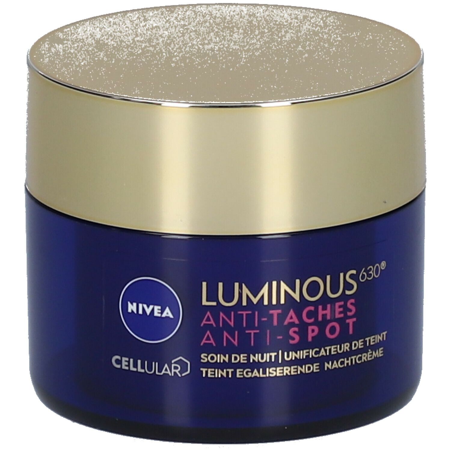 Blaues Tiegel mit goldenem Deckel. Aufschrift: NIVEA CELLULAR LUMINOUS 630 Anti-Taches Anti-Spot. Nachtcreme.