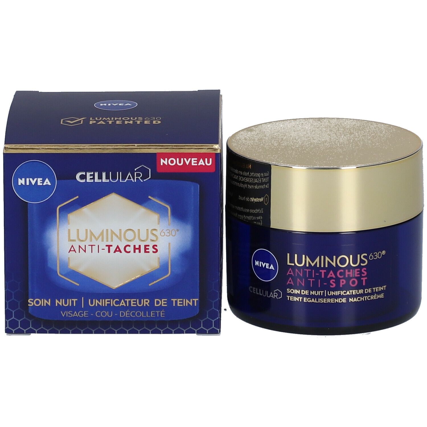 Produktverpackung mit Tiegel und Schachtel. Aufschrift: NIVEA CELLULAR LUMINOUS 630 Anti-Taches.