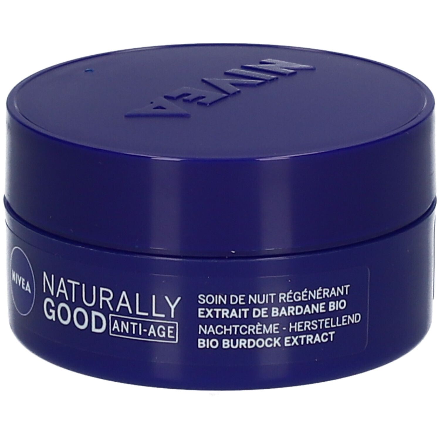 Pot de crème bleu avec couvercle. Inscription : NIVEA, Naturally Good Anti-Age. Texte : Crème de nuit, extrait de bardane bio.
