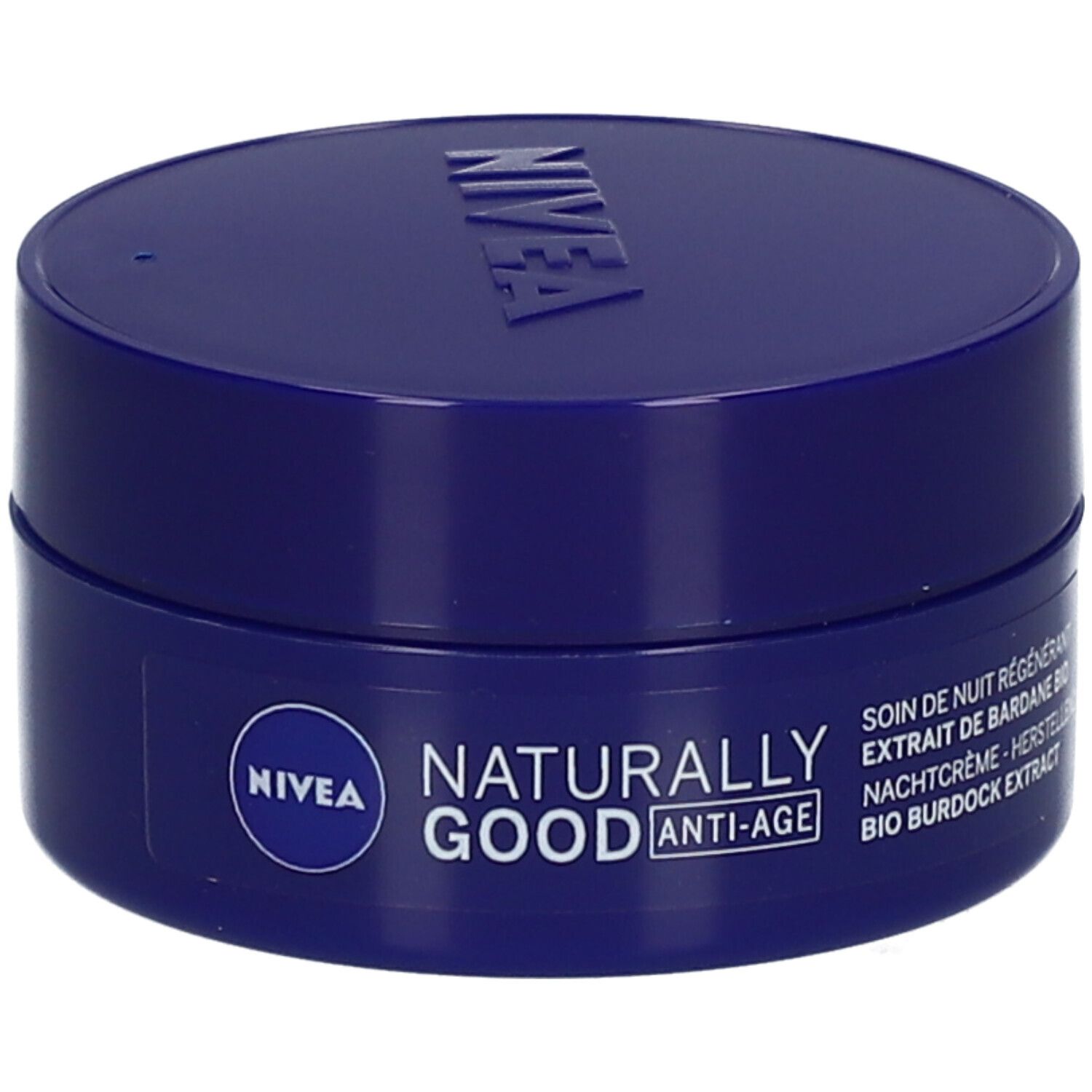 Pot de crème bleu avec couvercle. Inscription : NIVEA, Naturally Good Anti-Age. Texte : Crème de nuit, extrait de bardane bio.