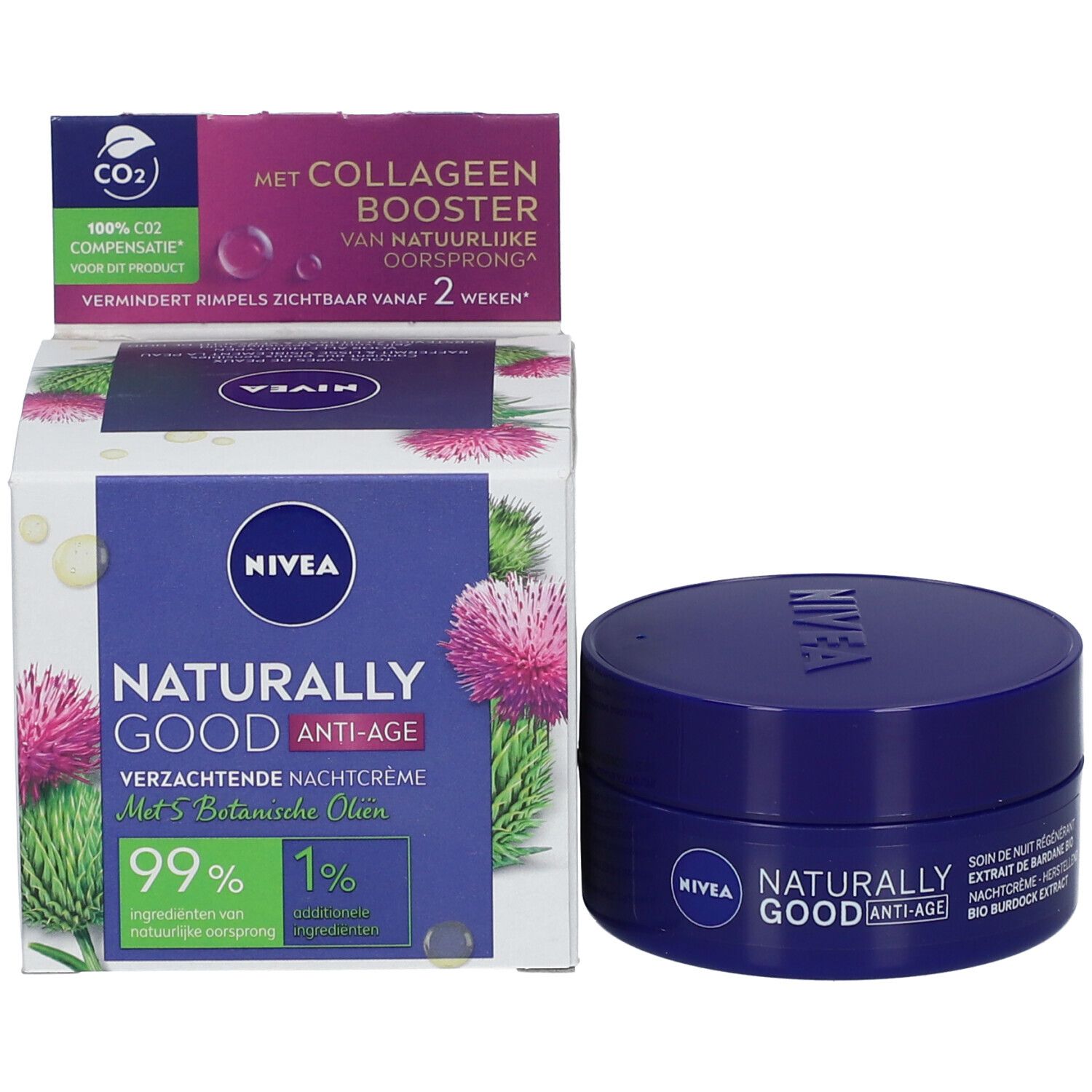 Pot de crème et emballage. Pot : NIVEA, Naturally Good Anti-Age. Emballage : texte, illustrations, Collagen Booster.