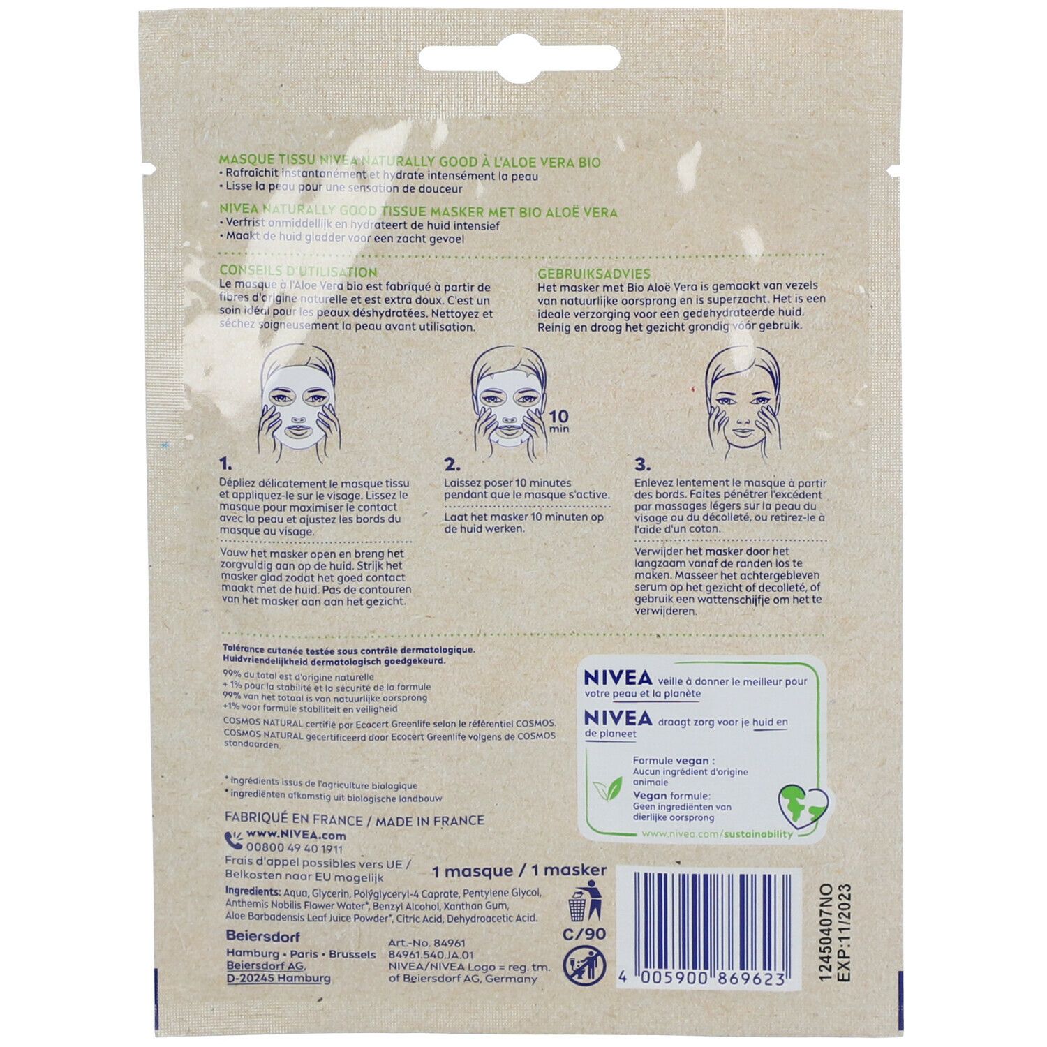 Dos du masque tissu NIVEA Naturally Good. Texte, instructions d'utilisation et logo. Informations sur les ingrédients et certifications.