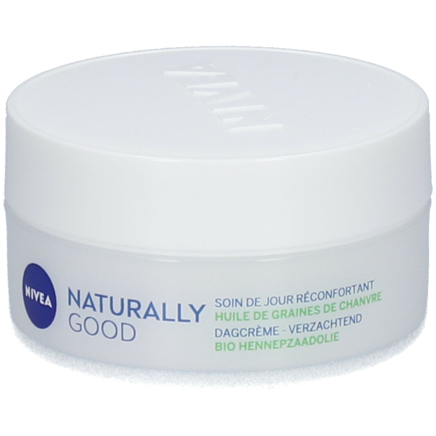 Pot blanc avec couvercle. Inscription : NIVEA, Naturally Good. Texte : Soin de jour réconfortant, huile de graines de chanvre, Dagcrème, verzachtend, Bio hennepzaadolie.