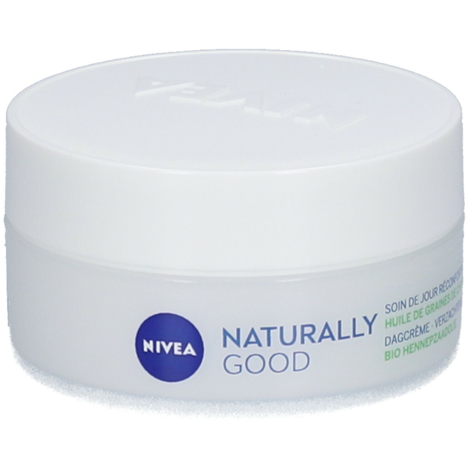 Pot blanc avec couvercle. Inscription : NIVEA, Naturally Good. Texte : Soin de jour réconfortant, huile de graines de chanvre, Dagcrème, verzachtend, Bio hennepzaadolie.