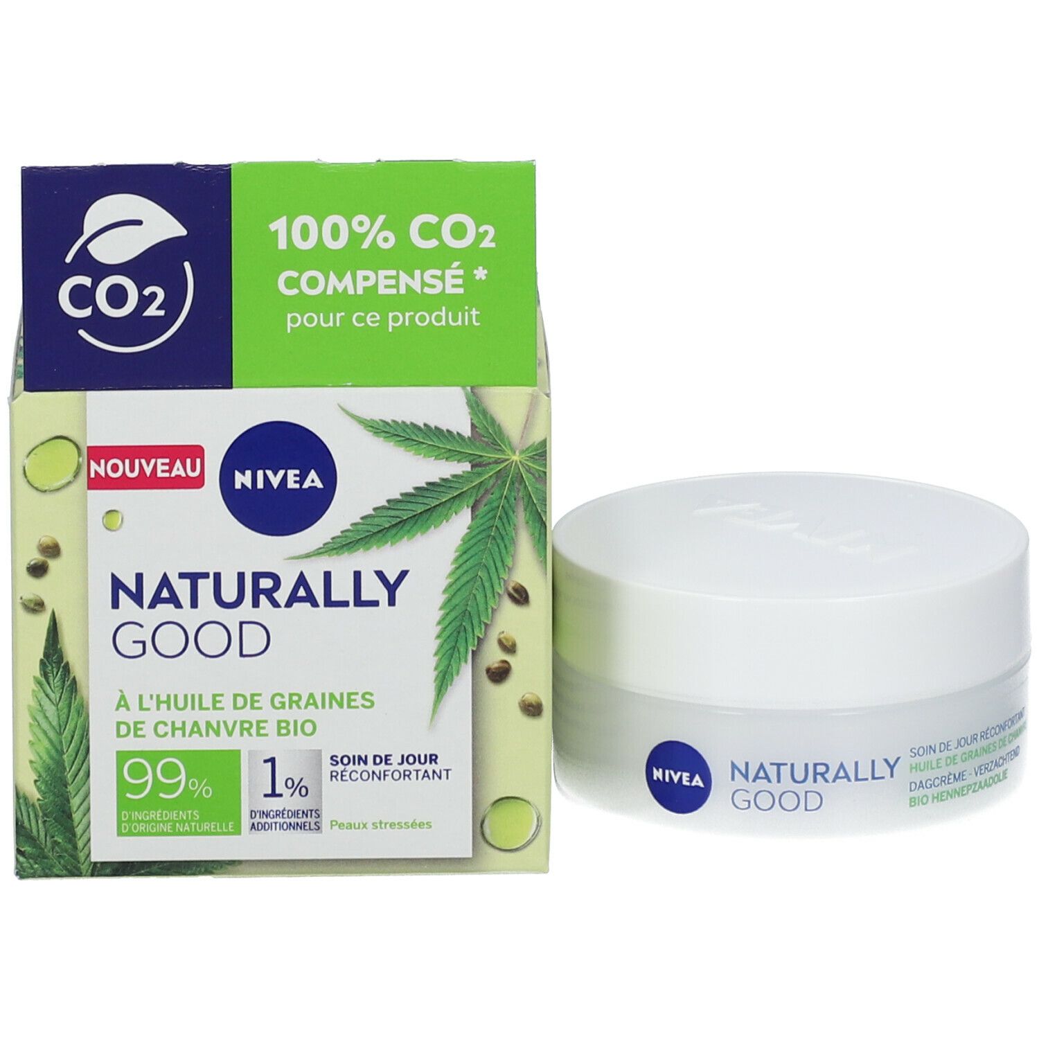 Emballage du produit et pot. Emballage avec inscription : NIVEA, Naturally Good. Texte : 100% CO2 compensé. Pot avec inscription : NIVEA, Naturally Good.