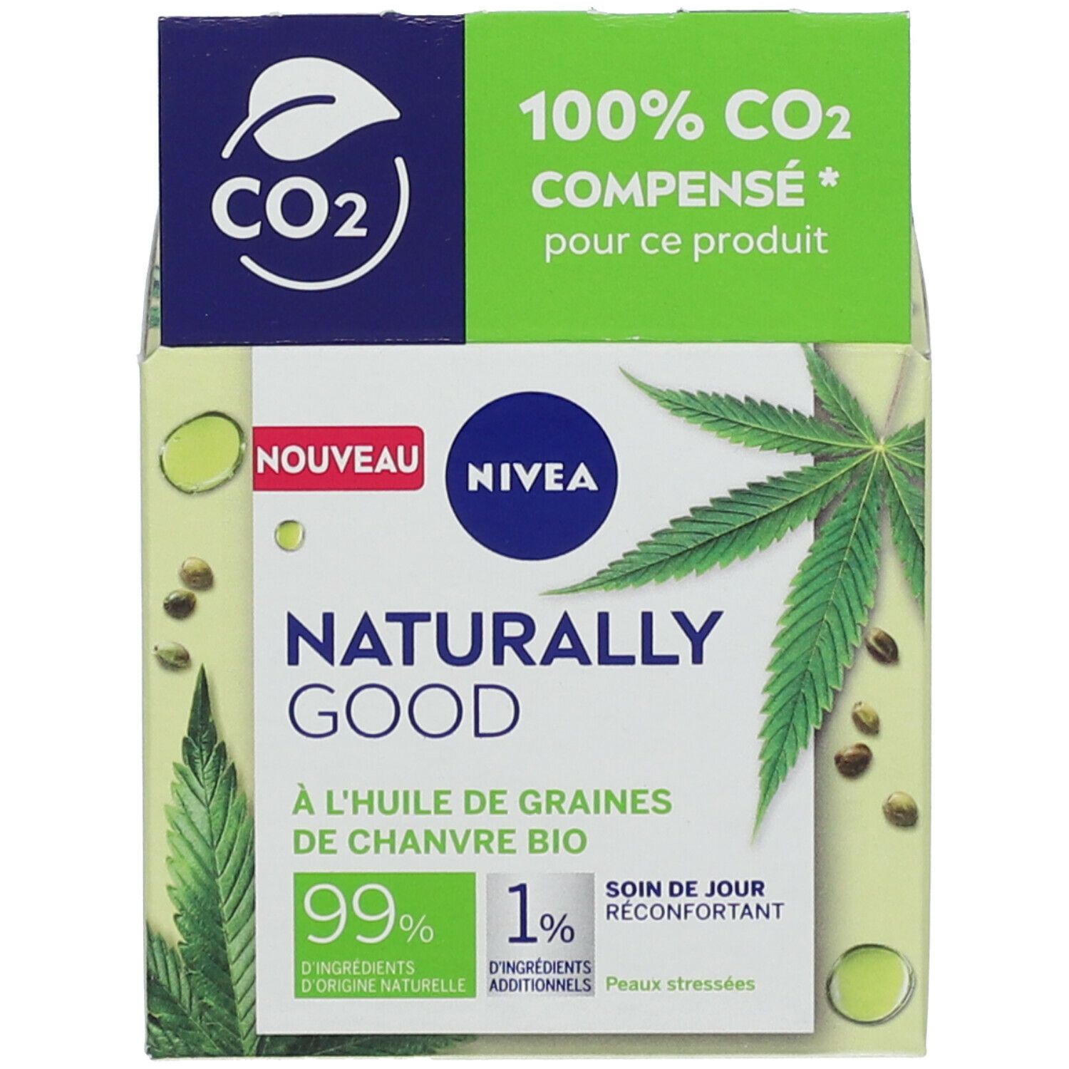 Emballage du produit. Inscription : NIVEA, Naturally Good. Texte : 100% CO2 compensé. Illustration de feuilles et graines de chanvre. Texte : 99% d'ingrédients d'origine naturelle.