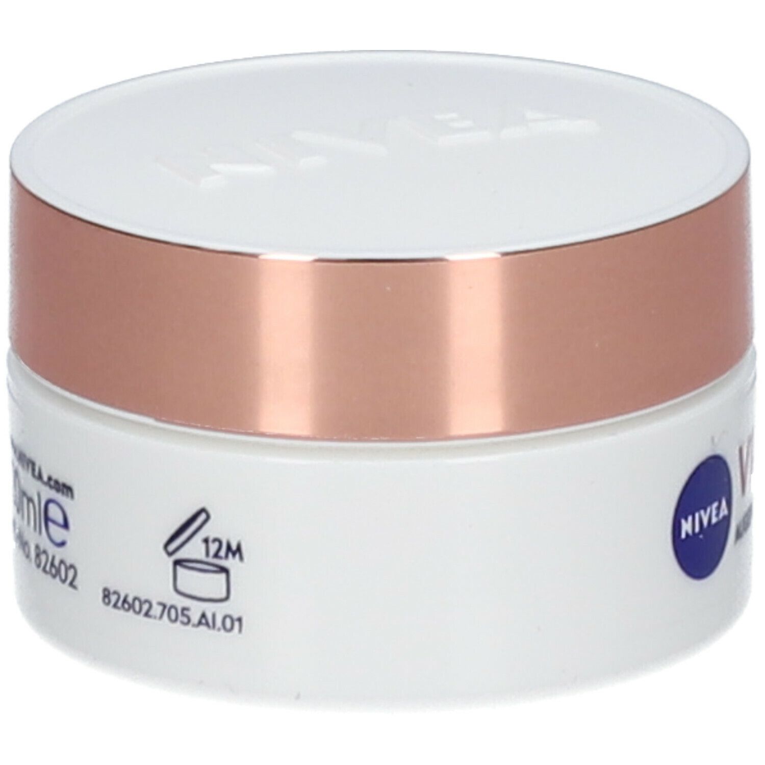 Pot de crème blanc avec couvercle doré rose. Inscription : 12M, 20ml, Art.-Nr. 82602.