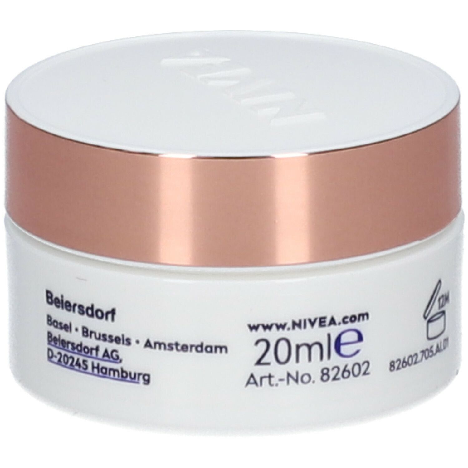 Pot de crème blanc avec couvercle doré rose. Inscription : 20ml, Art.-Nr. 82602, www.NIVEA.com.