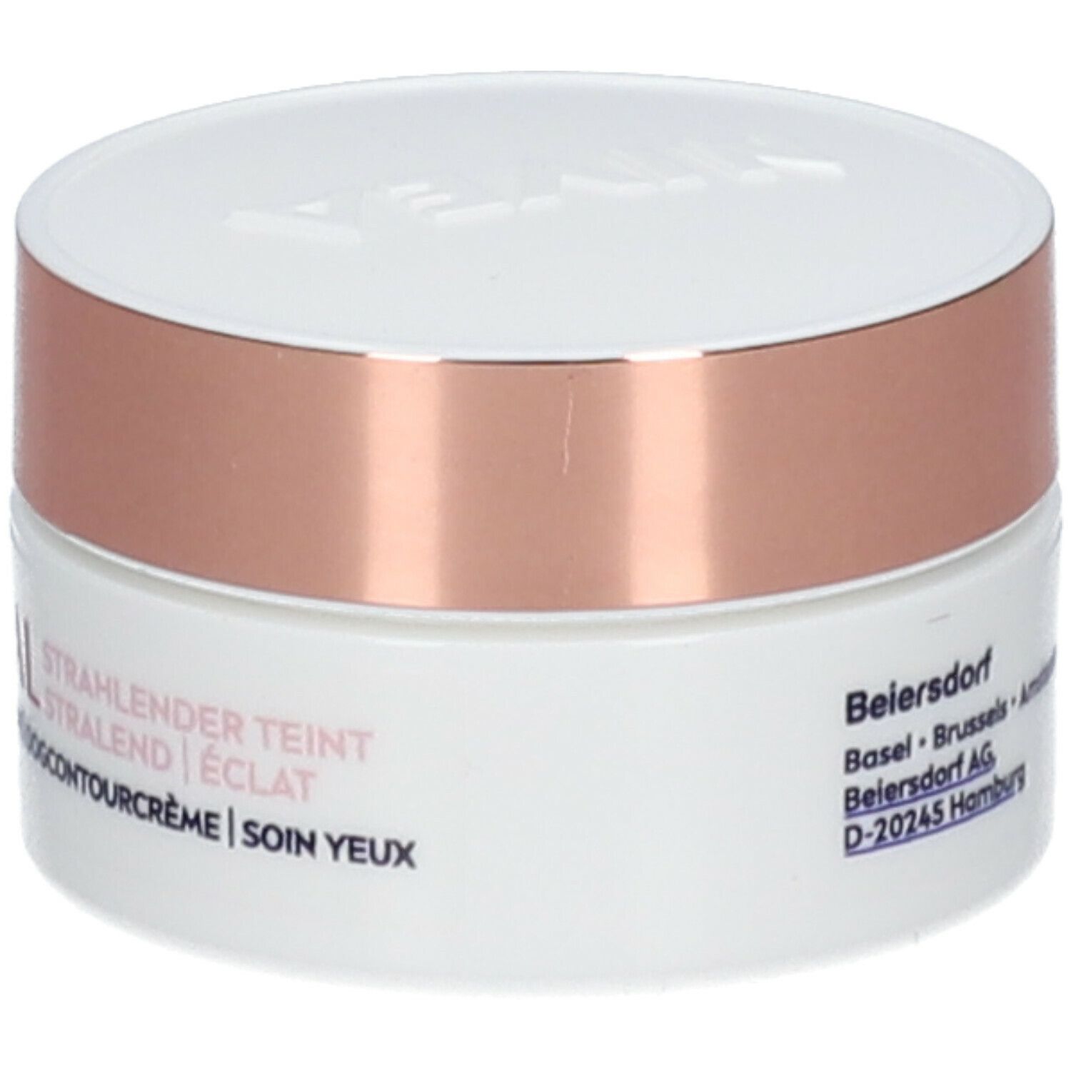 Pot de crème blanc avec couvercle doré rose et couvercle blanc. Inscription : NIVEA VITAL Augencreme.
