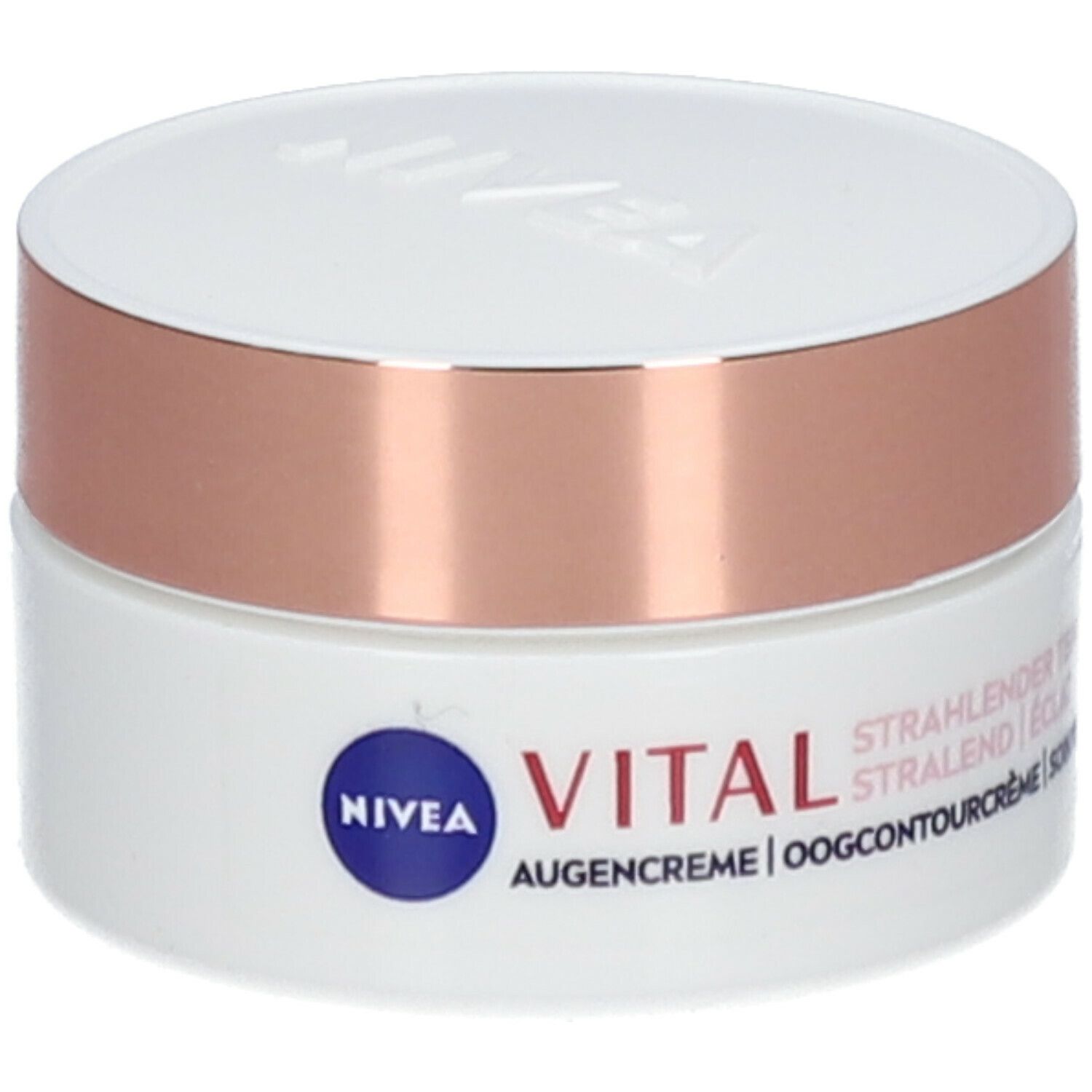 Pot de crème blanc avec couvercle doré rose et couvercle blanc. Inscription : NIVEA VITAL Augencreme.