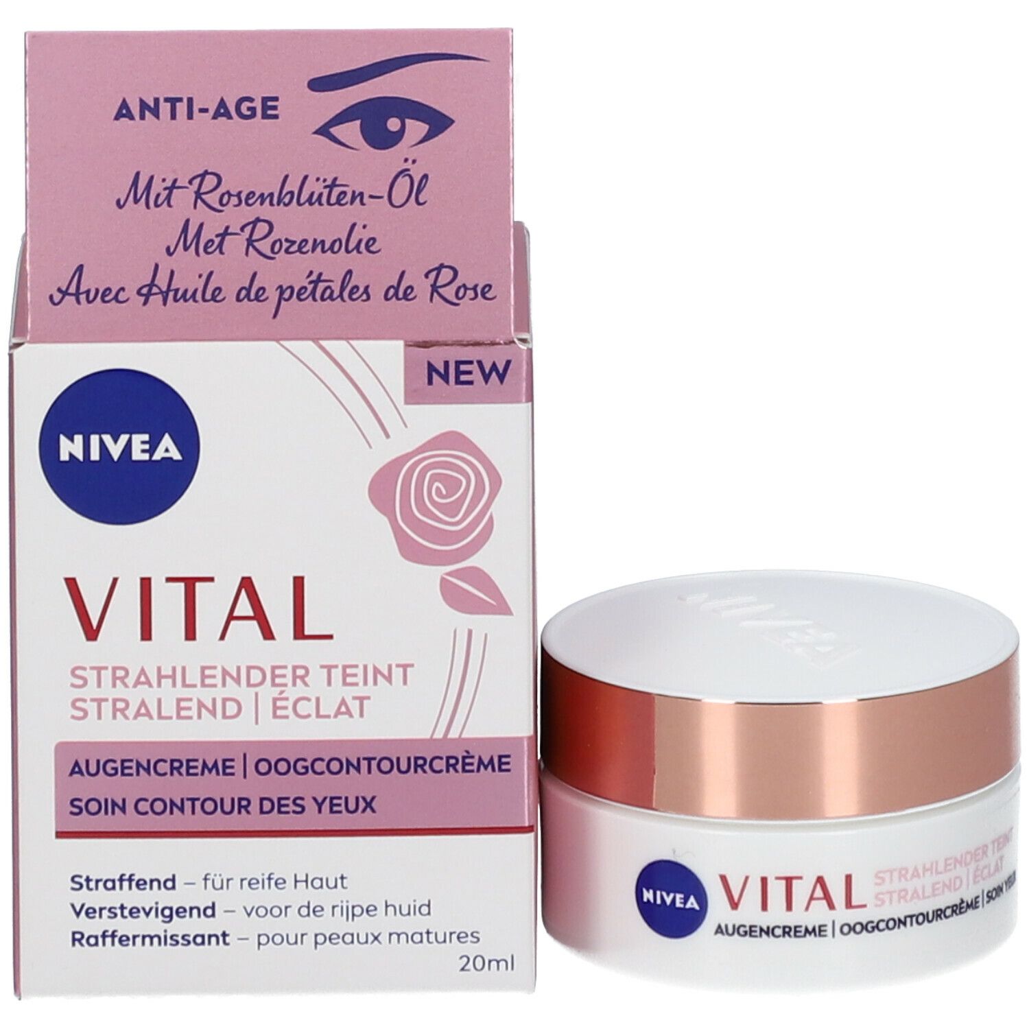 Pot de crème et emballage. Emballage avec illustration d'œil et inscription : NIVEA VITAL Augencreme.