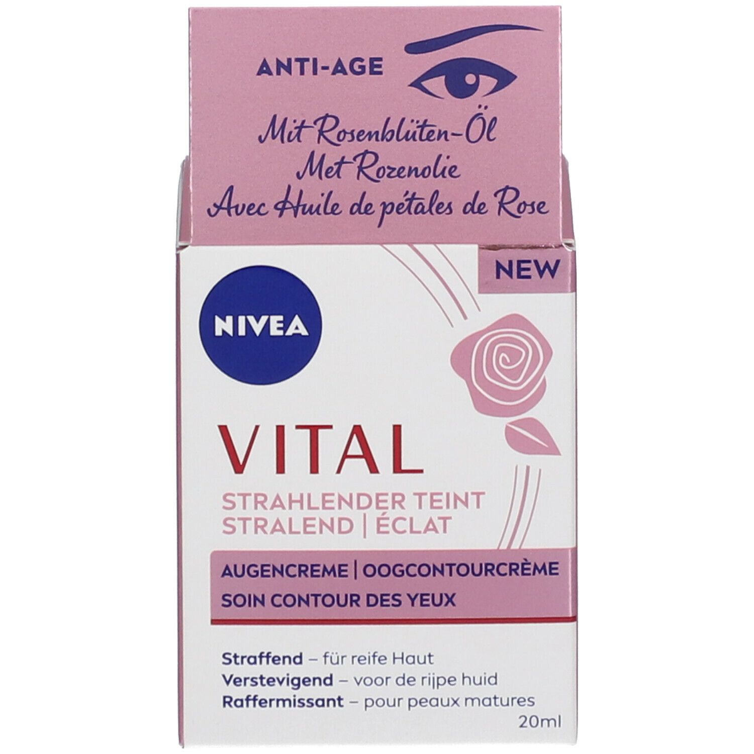 Emballage avec illustration d'œil et inscription : NIVEA VITAL Augencreme. Avec huile de pétales de rose.