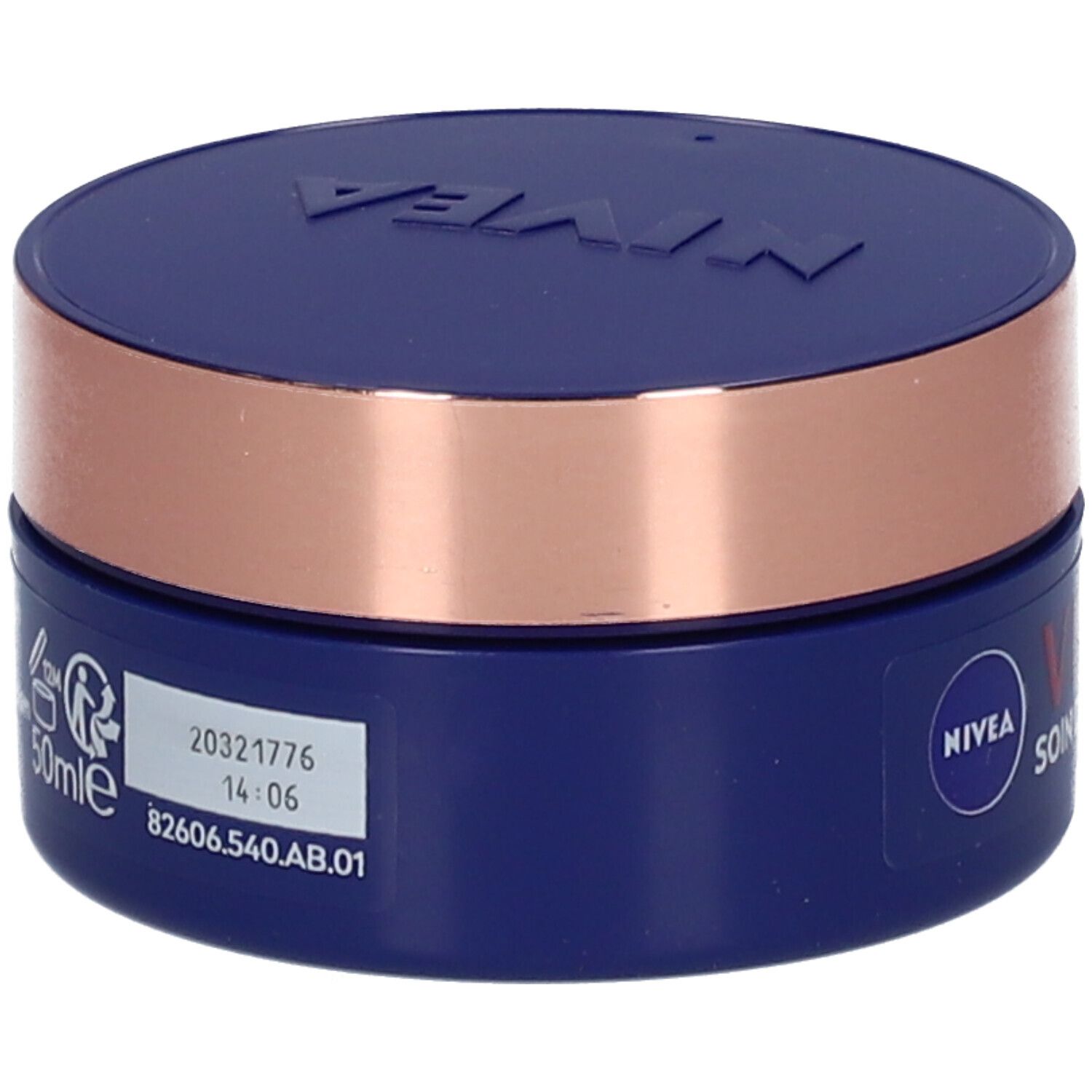 Dunkelblaue Creme-Dose mit kupferfarbenem Ring. Aufschrift: NIVEA VITAL Nachtcreme. Rückseite mit Etikett und Informationen.