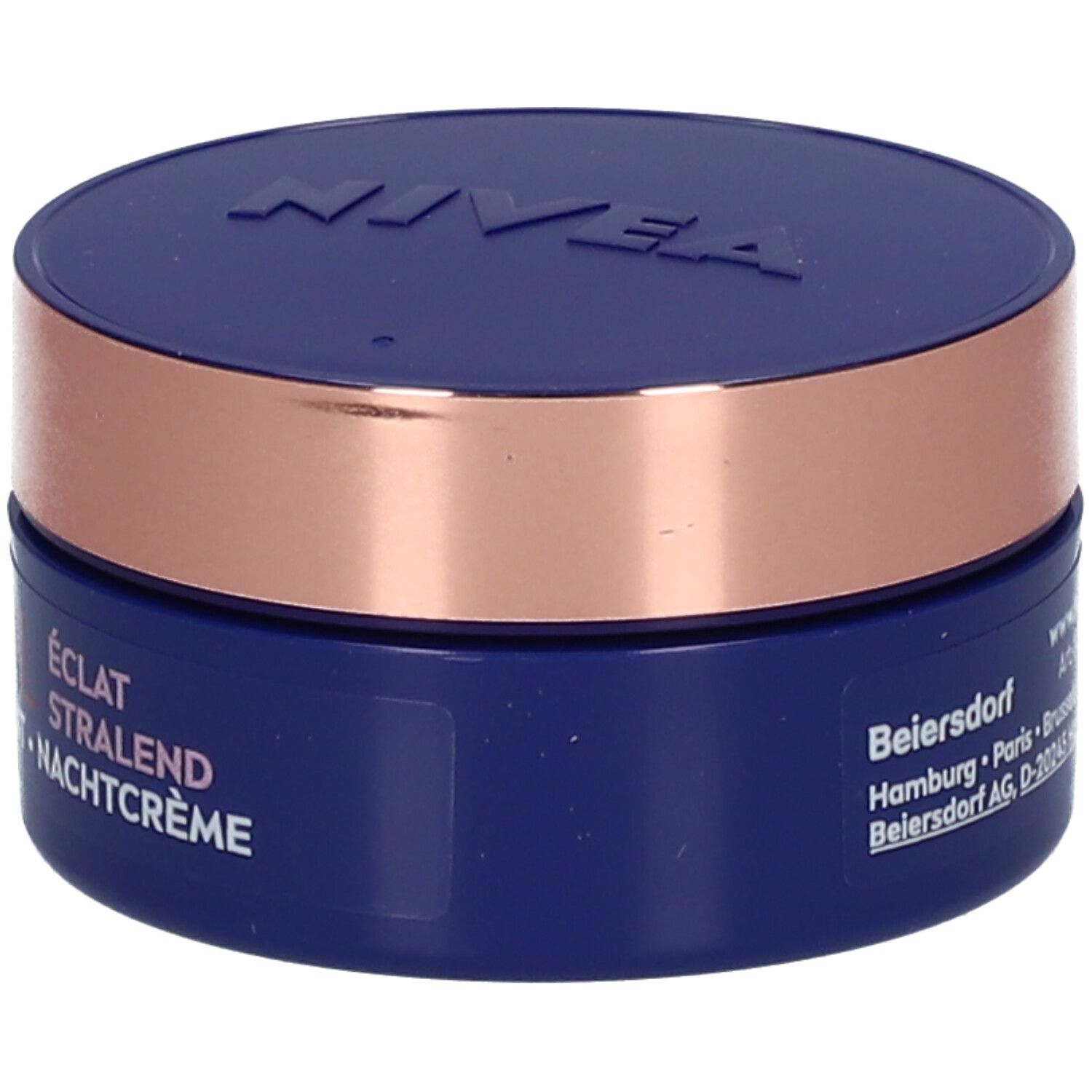 Dunkelblaue Creme-Dose mit kupferfarbenem Ring. Aufschrift: NIVEA VITAL Nachtcreme. Text: Beiersdorf AG.