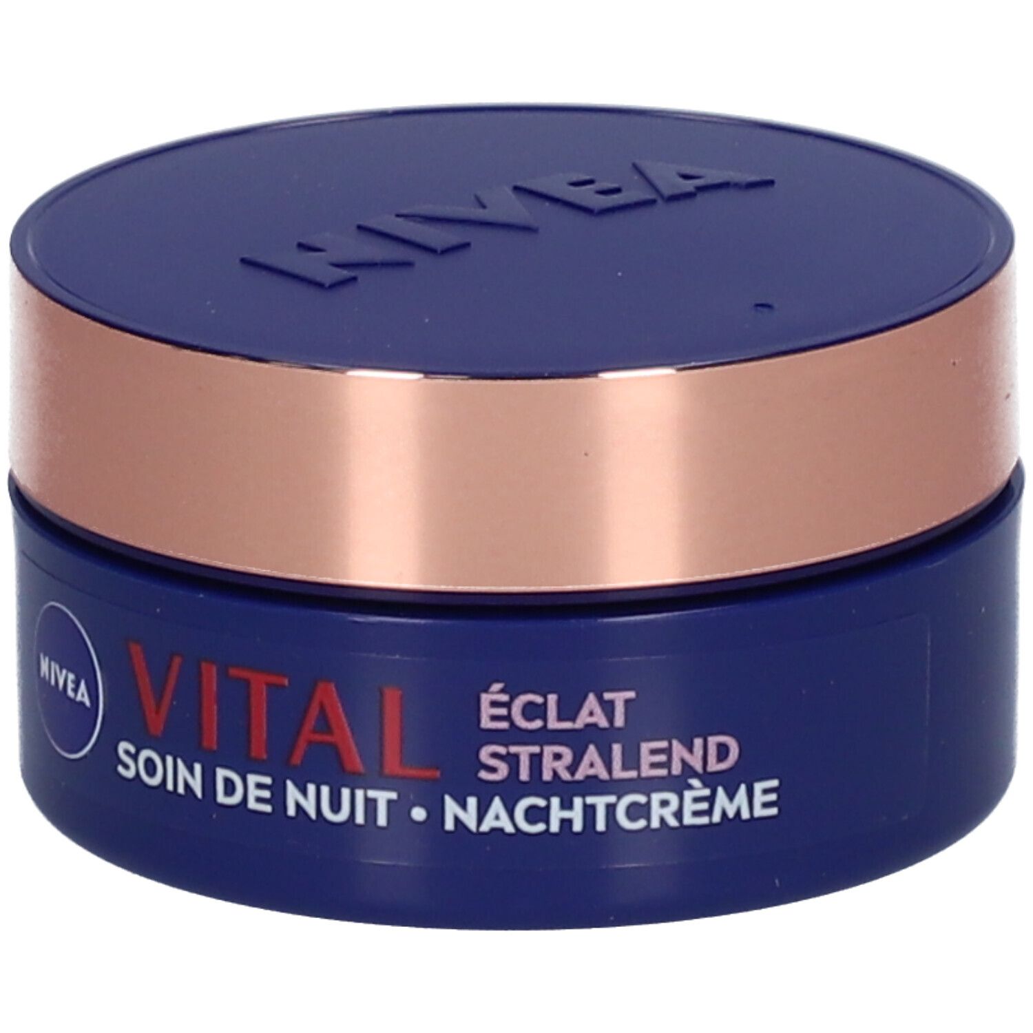 Dunkelblaue Creme-Dose mit kupferfarbenem Ring. Aufschrift: NIVEA VITAL Nachtcreme. Deckel mit NIVEA-Logo.