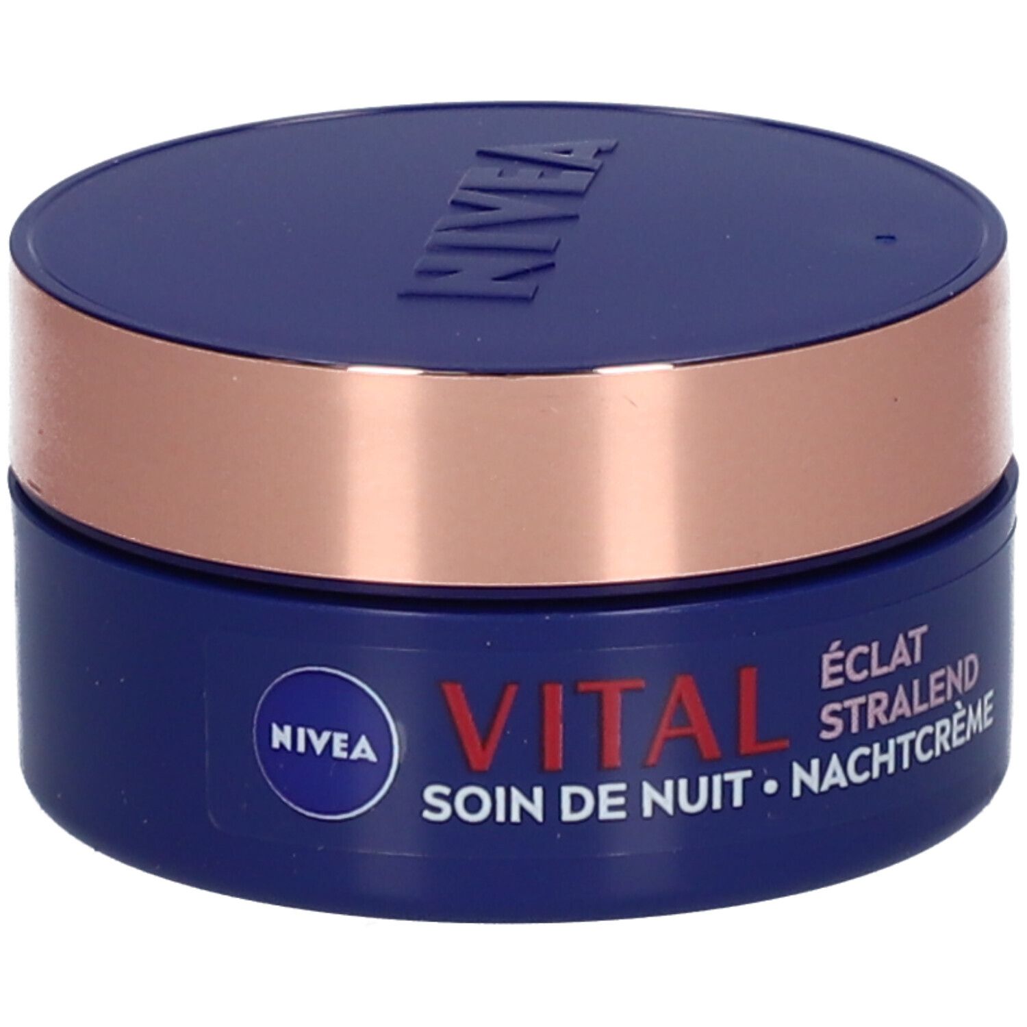 Dunkelblaue Creme-Dose mit kupferfarbenem Ring. Aufschrift: NIVEA VITAL Nachtcreme. Deckel mit NIVEA-Logo.