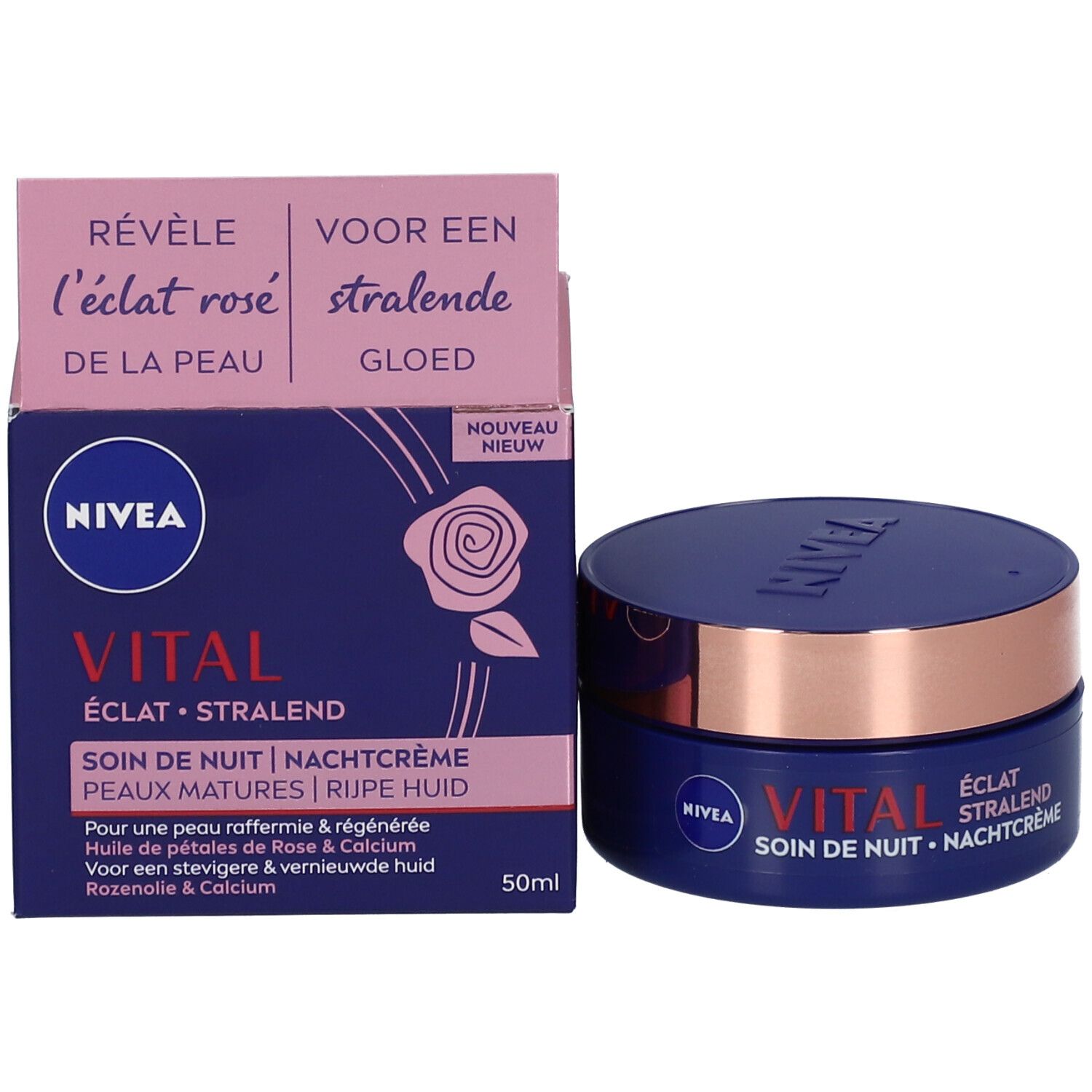 Produktverpackung mit Creme-Dose und Karton. Dose: dunkelblau, kupferfarbener Ring. Karton: rosa, weiß, blau. Aufschrift: NIVEA VITAL.