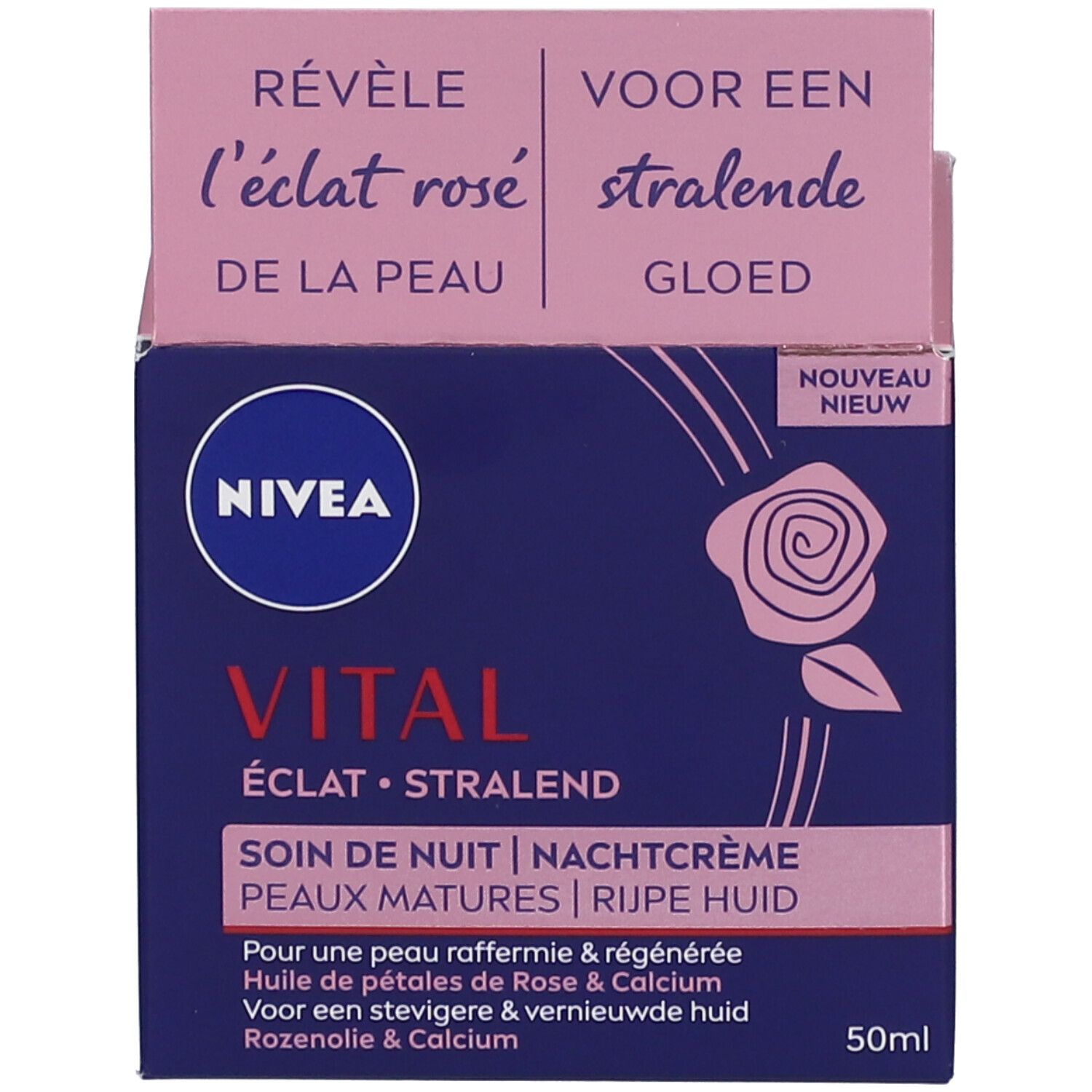 Produktverpackung mit Karton. Rosa, weiß, blau. Aufschrift: NIVEA VITAL. Text: Nachtcreme, für reife Haut. Rose-Illustration.